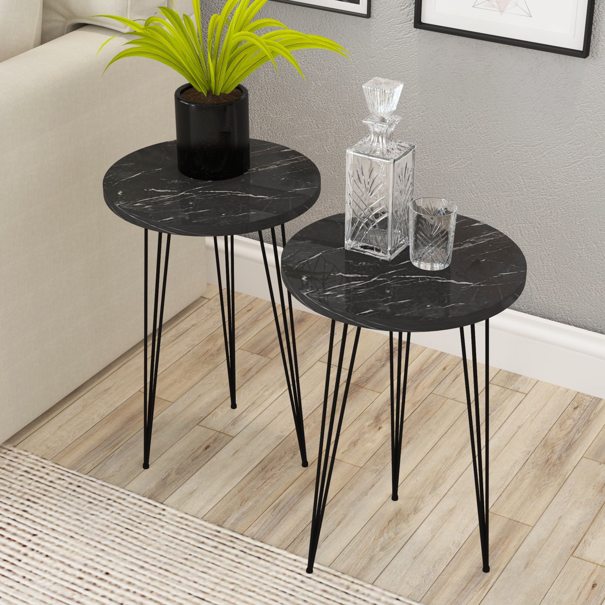 Pak Home Set Of 2 End Table – Round Wood Sofa Side Tables For Small Spaces,  Nightstand Bedside Table With Metal Legs For Bedroom, Living Room, Office,  Balcony (black High Gloss) – Walmart With Metal Side Tables For Living Spaces (View 5 of 15)