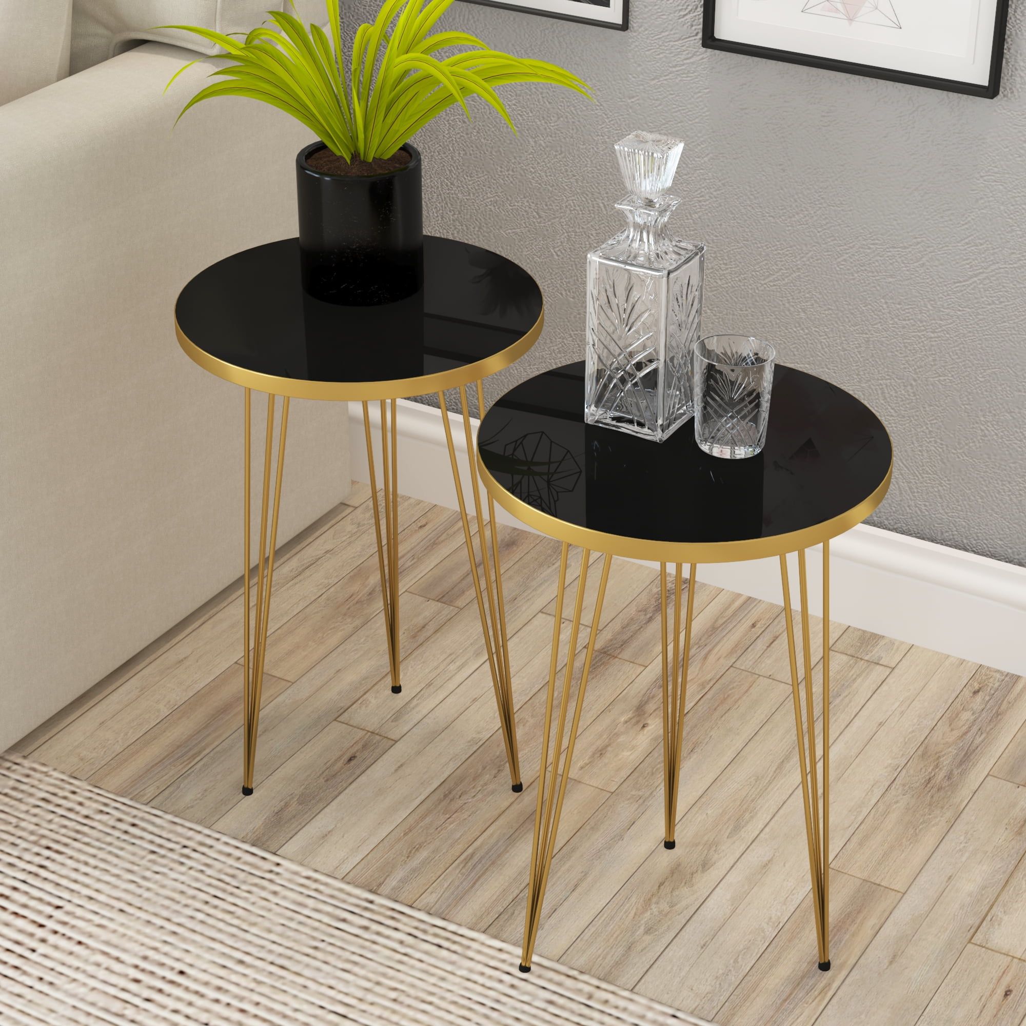 Pak Home Set Of 2 End Table – Round Wood Sofa Side Tables For Small Spaces,  Nightstand Bedside Table With Metal Legs For Bedroom, Living Room, Office,  Balcony (black High Gloss) – Walmart With Metal Side Tables For Living Spaces (View 3 of 15)