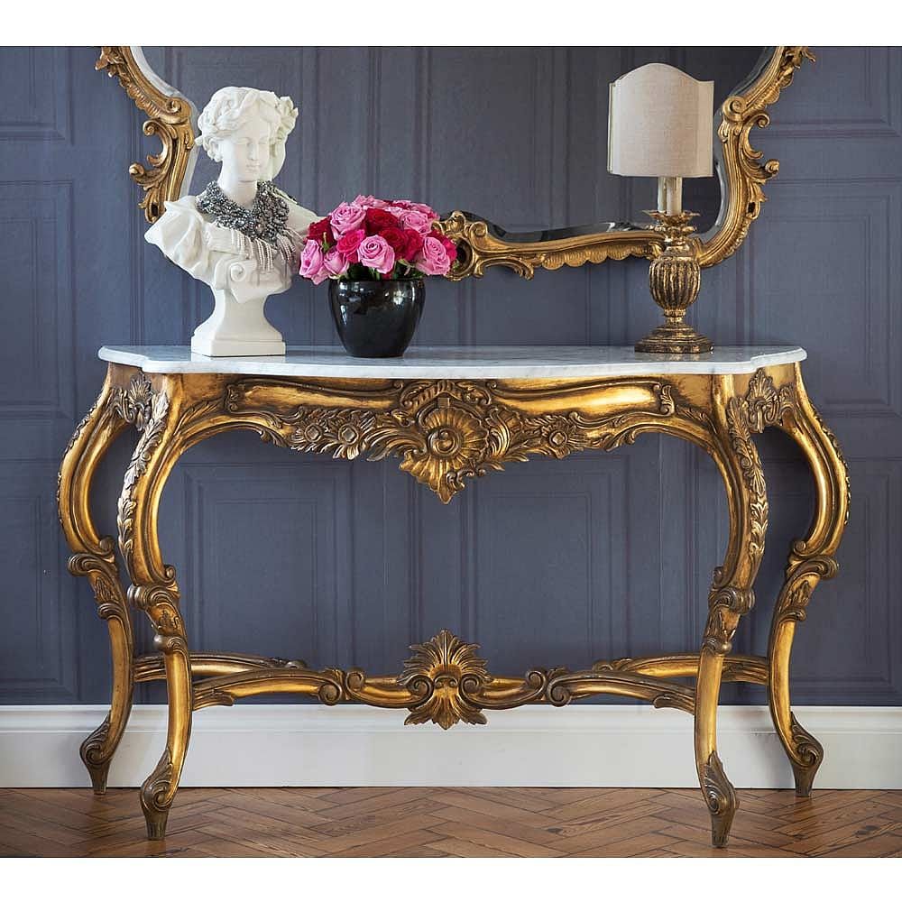 Palais De Versailles Gold Console Table (large) | Handmade Gold Gilt Large  French Style Console Table With Marble Top With Versailles Console Cabinets (View 3 of 16)