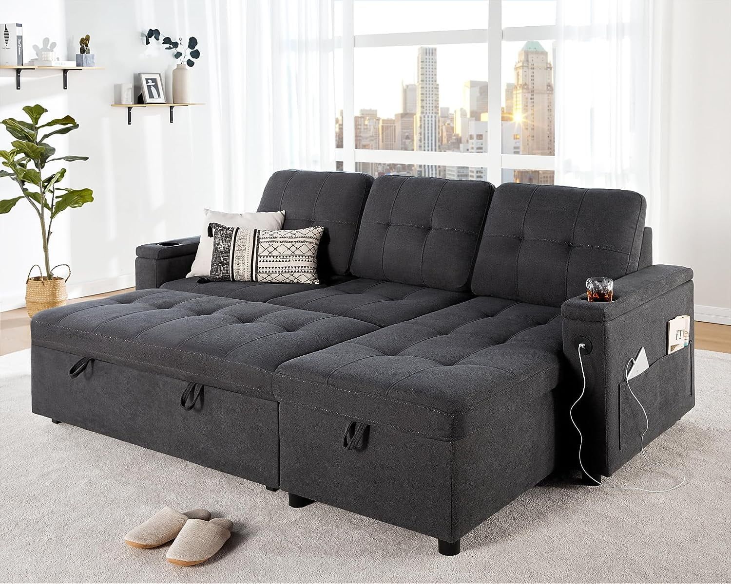 Papajet Sleeper Sofa, Modern Tufted Convertible Sofa Bed, Usb Charging  Ports & Cup Holders, L Shaped Sofa Couch With Storage Chaise, Linen Couches  For Living Room (dark Grey) – Walmart Throughout Tufted Convertible Sleeper Sofas (View 4 of 15)