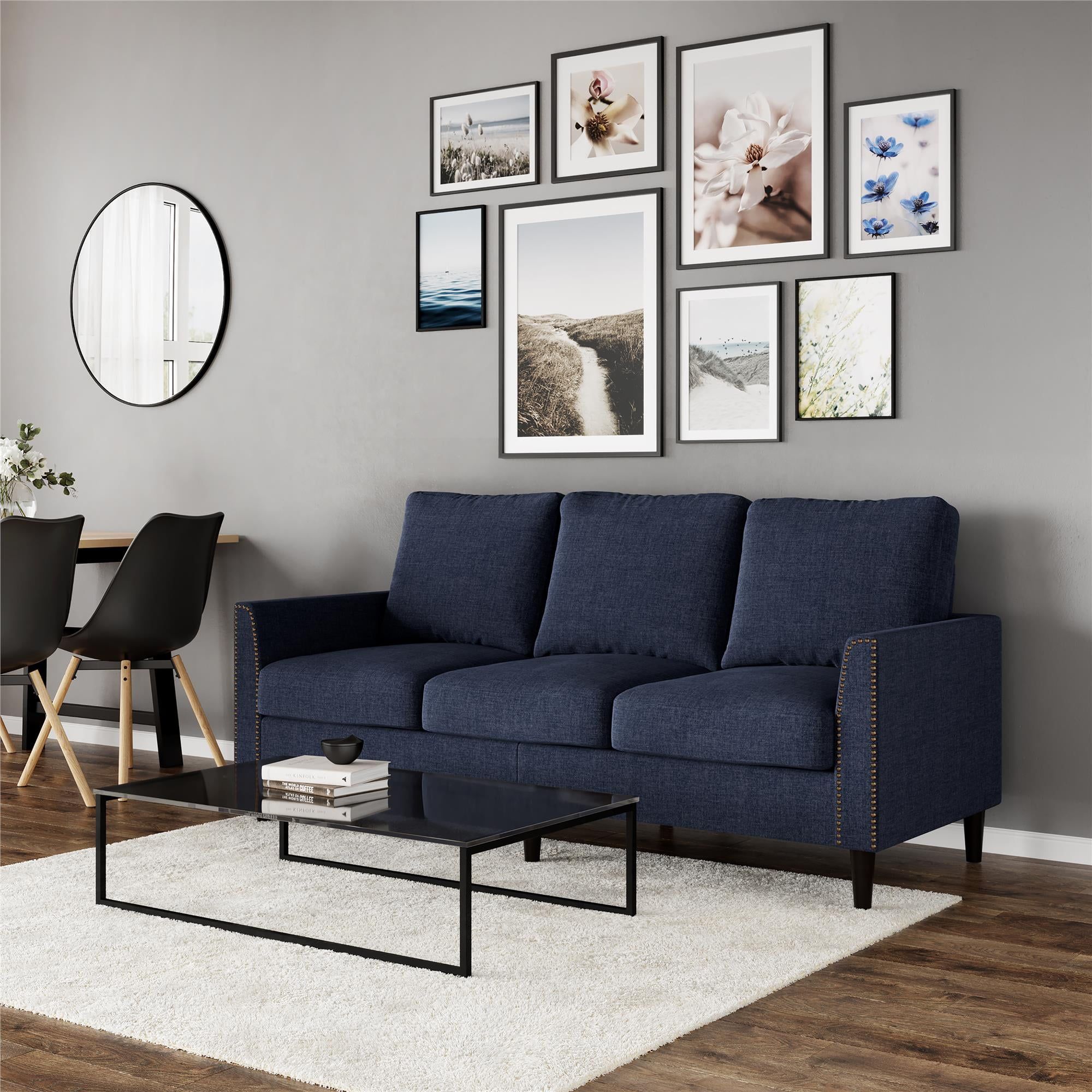 Queer Eye Cambridge Sofa With Nailhead Trim, Modern Couch, Blue Linen –  Walmart Inside Modern Blue Linen Sofas (View 10 of 15)