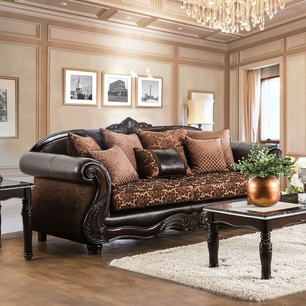 Quez Traditional Brown Faux Leather Rolled Arms Sofafurniture Of  America – Bed Bath & Beyond – 14357203 With Regard To Faux Leather Sofas In Dark Brown (View 2 of 15)