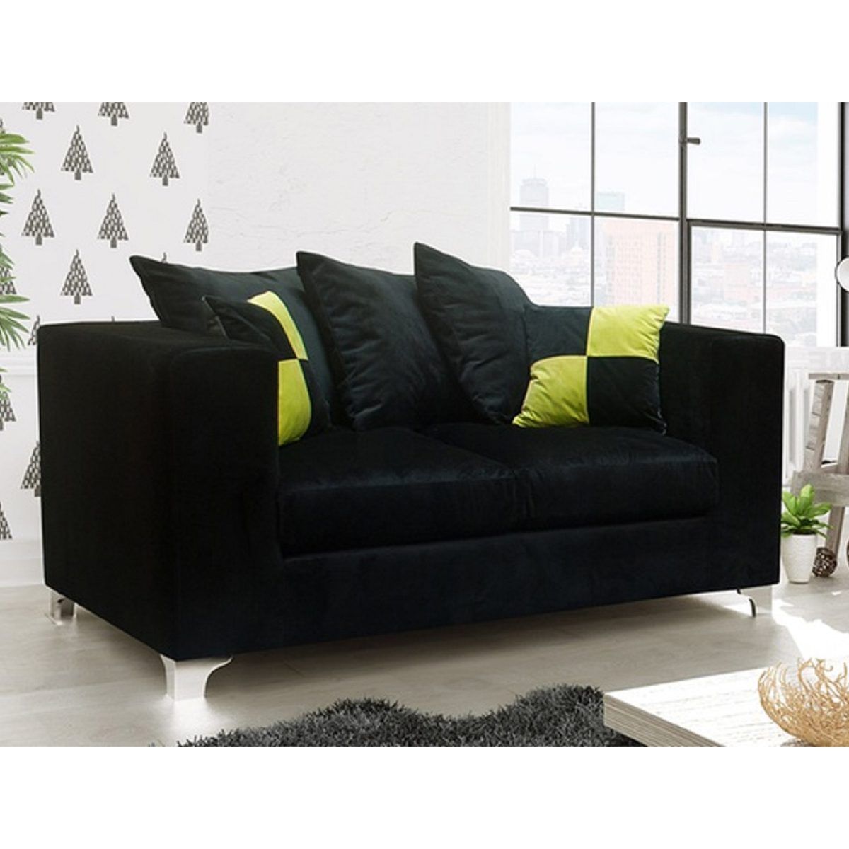 Quinn Plush Velvet Fabric 2 Seater Sofa – Black | Furnishings For Less Uk With Regard To Black Velvet 2 Seater Sofa Beds (Photo 4 of 15)