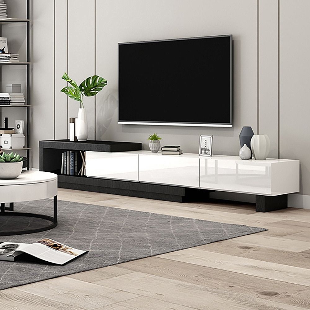 Quoint Modern Tv Stand Retracted & Extendable 3 Drawer Media Console For Tv  Up To 2032mmhomary | Ufurnish For Modern Stands With Shelves (View 10 of 15)