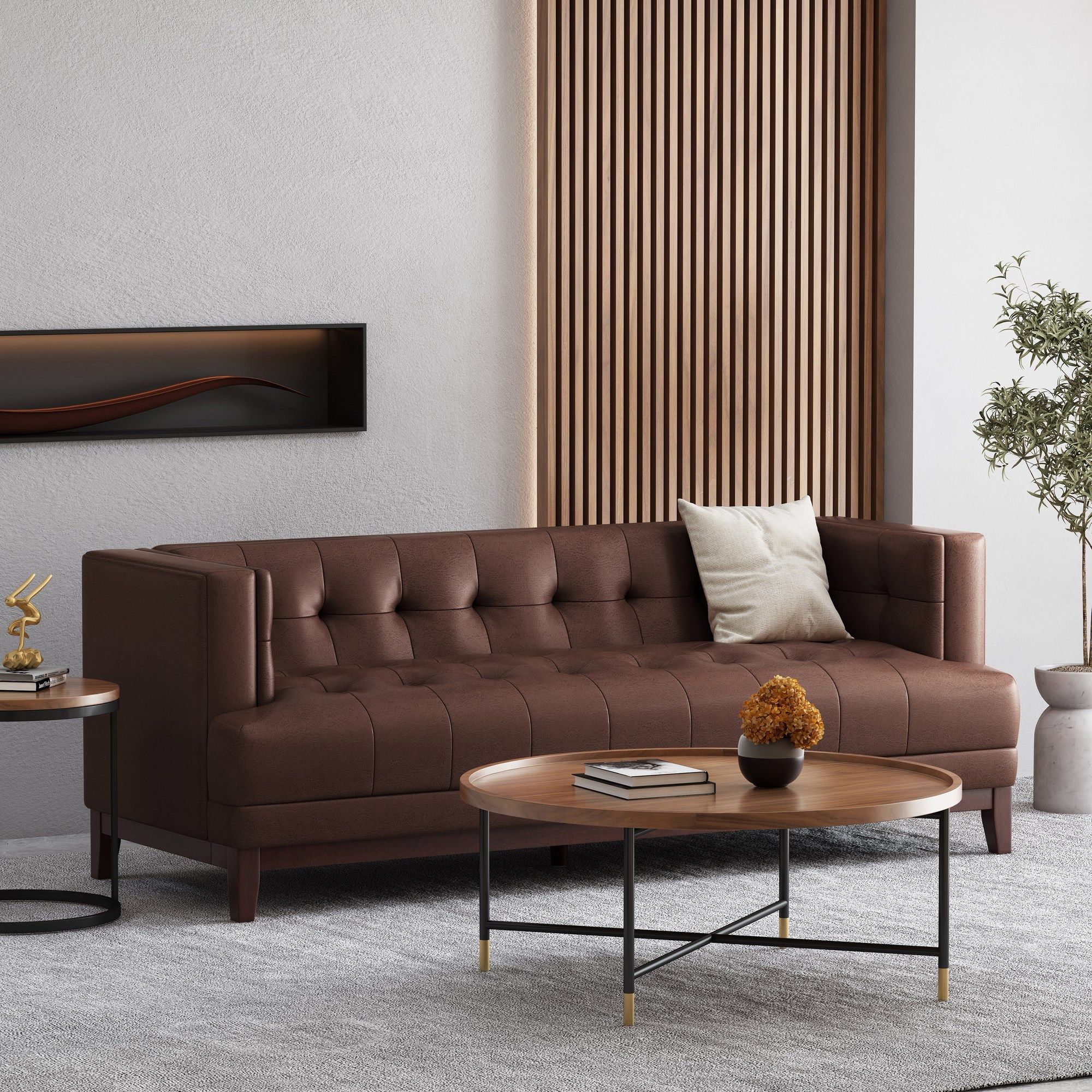 Raintree Mid Century Modern Faux Leather Tufted 3 Seater Sofa, Dark Brown  And Espresso In Mid Century 3 Seat Couches (Photo 12 of 15)