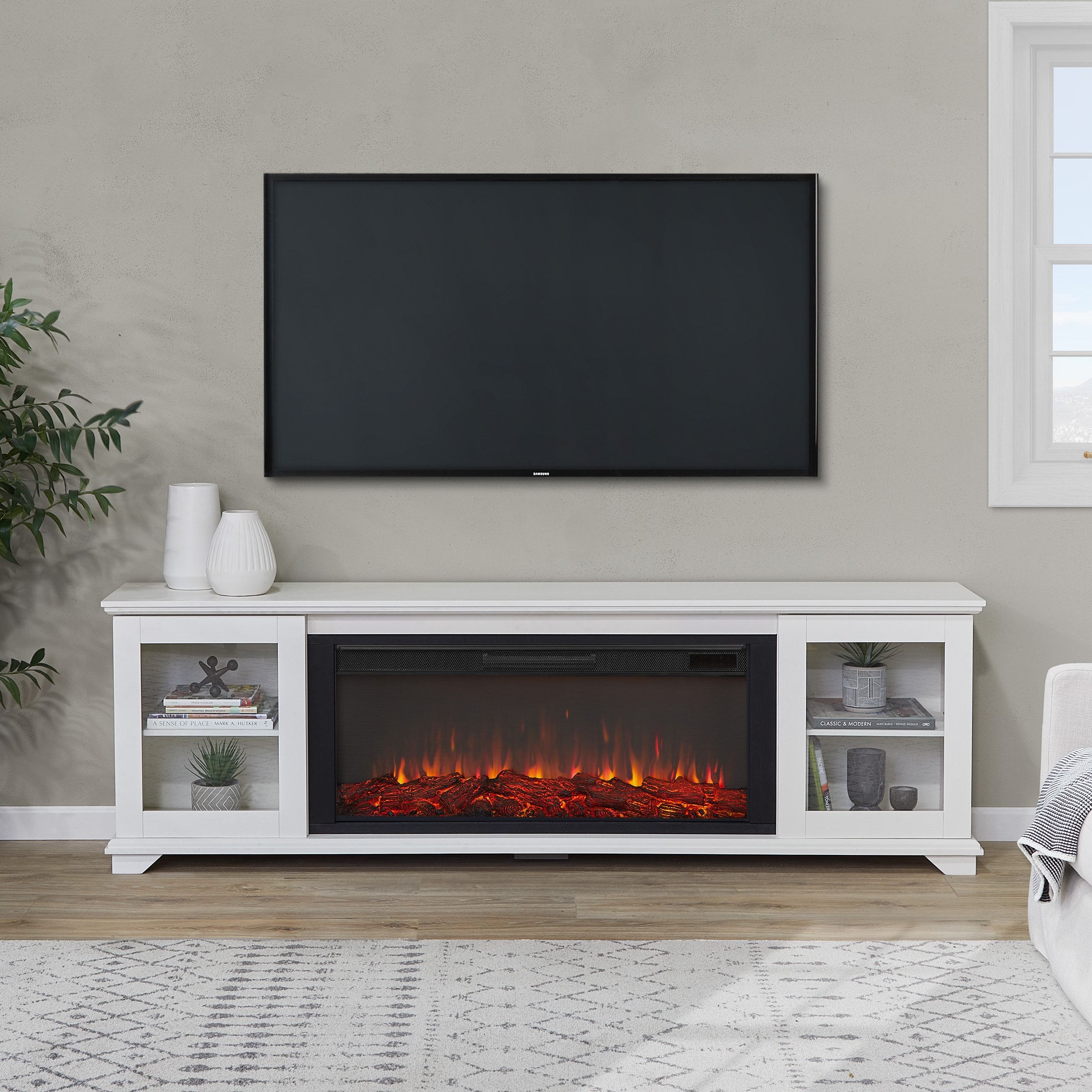 Real Flame 81 In W White Tv Stand With Fan Forced Electric Fireplace In The Electric  Fireplaces Department At Lowes Regarding Tv Stands With Electric Fireplace (Photo 4 of 15)