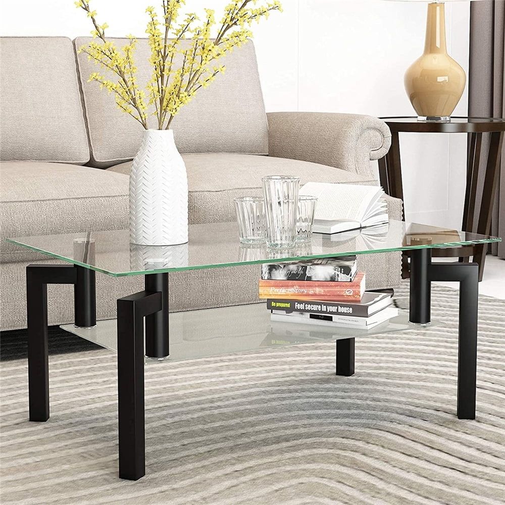 Rectangle Coffee Table For Living Room, Clear Glass Coffee Table With Lower  Shelf, Modern Center Table With Metal Legs, 39"x23"x17" Center Table Sofa  Table Home Furniture, Easy Assembly, Lll4068 – Walmart Throughout Clear Rectangle Center Coffee Tables (View 7 of 15)
