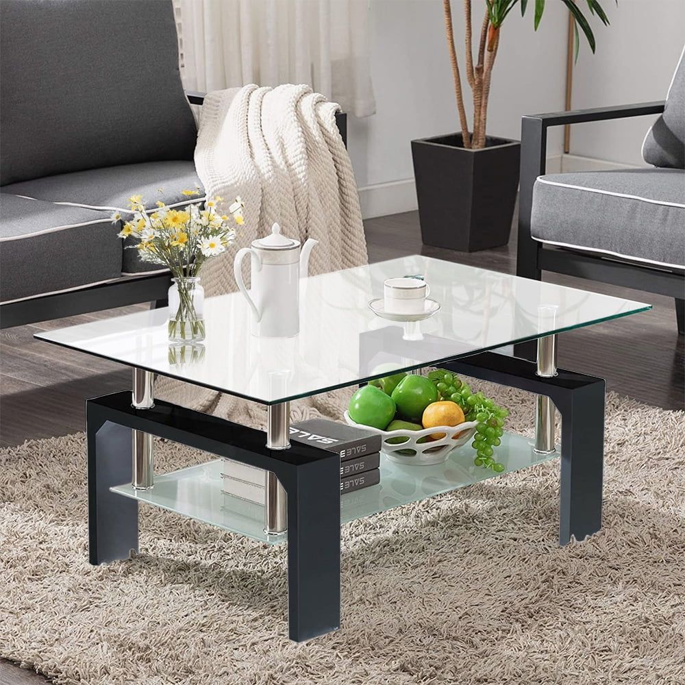Rectangle, Modern Side Center Table With Shelf & Metal Legs, Mid Century  Tempered Glass Top Tea Table For Living Room, Home Furniture Cocktail Coffee  Table – Clear, B1263 – Walmart In Clear Rectangle Center Coffee Tables (View 14 of 15)