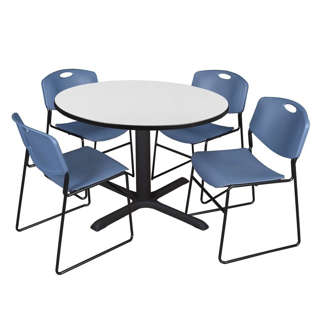 Regency Cain 48 In. Round Breakroom Table  White & 4 Zeng Stack Chairs   Blue – Regency Tb48rndwh44be Within Regency Cain Steel Coffee Tables (Photo 11 of 15)