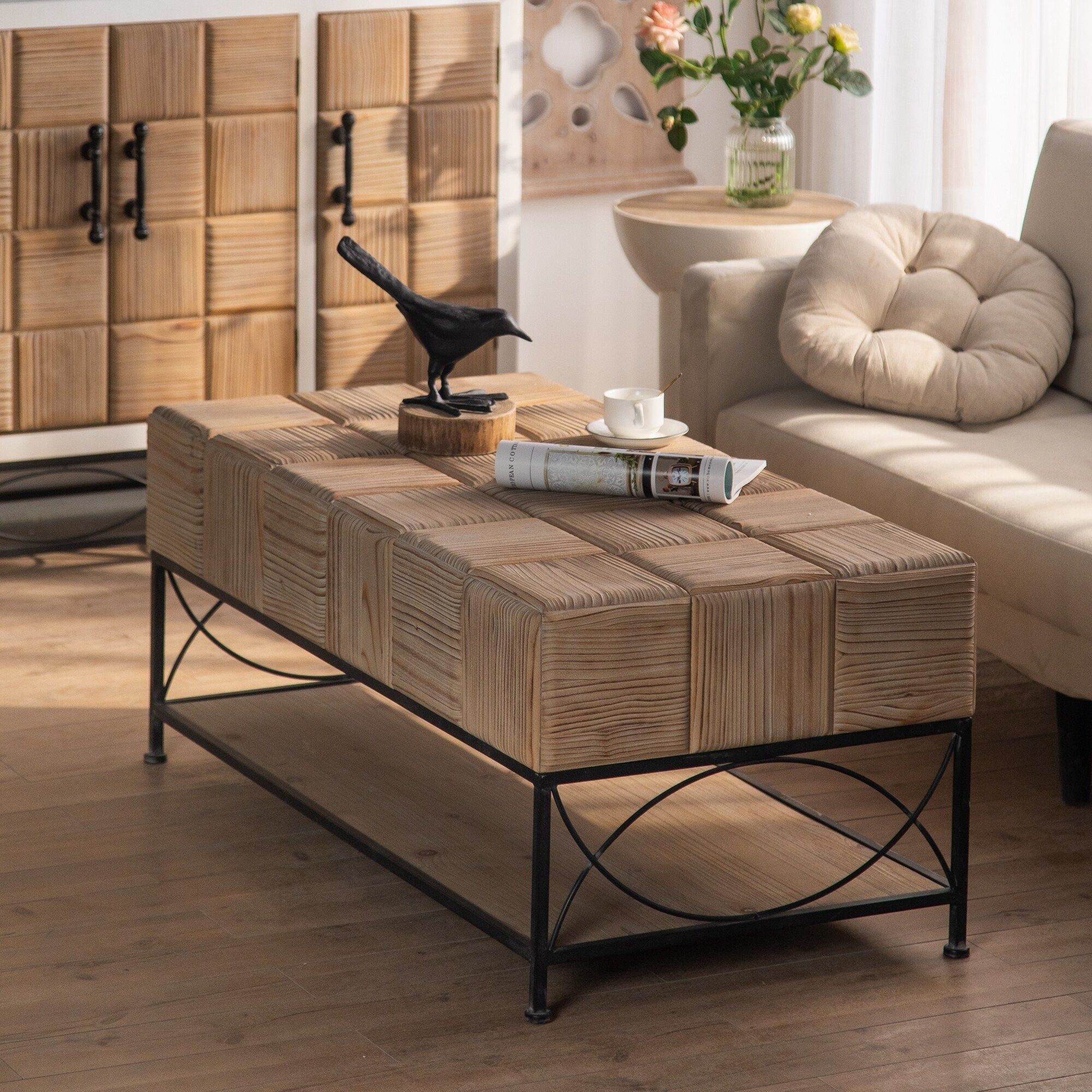 Retro Square Coffee Table W/grid Splicing Design & Open Storage Shelf – Bed  Bath & Beyond – 39098823 In Coffee Tables With Open Storage Shelves (View 6 of 15)