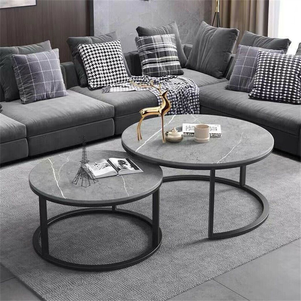 Round Nesting Coffee Table Set Of 2 Solid Marble Grey Side End Desk Accent  Table | Ebay Intended For Nesting Coffee Tables (View 13 of 15)