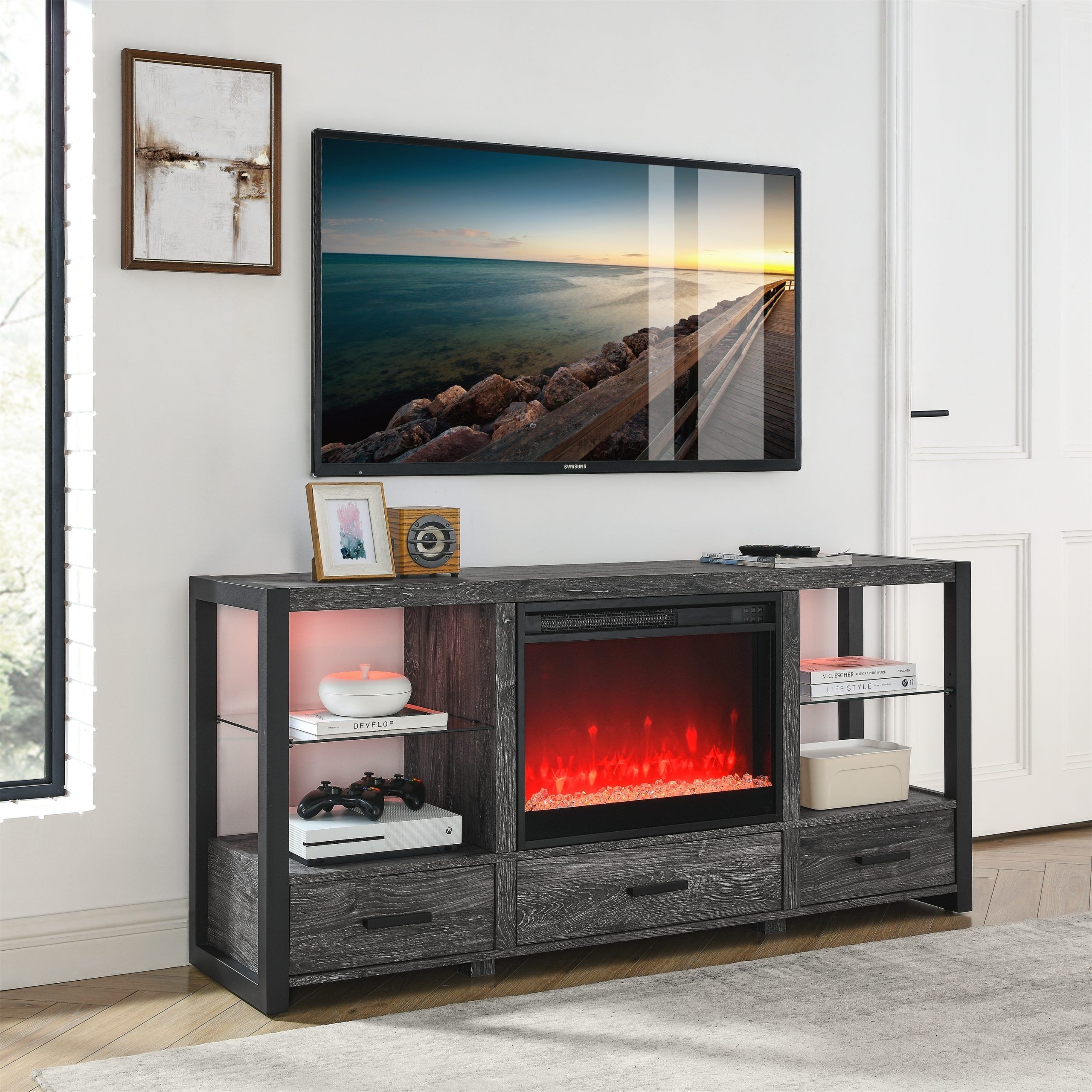 Rustic Electric Fireplace Tv Stand For Tvs Up To 70" With Multiple Storage,  Oak 28'' H X  (View 7 of 15)