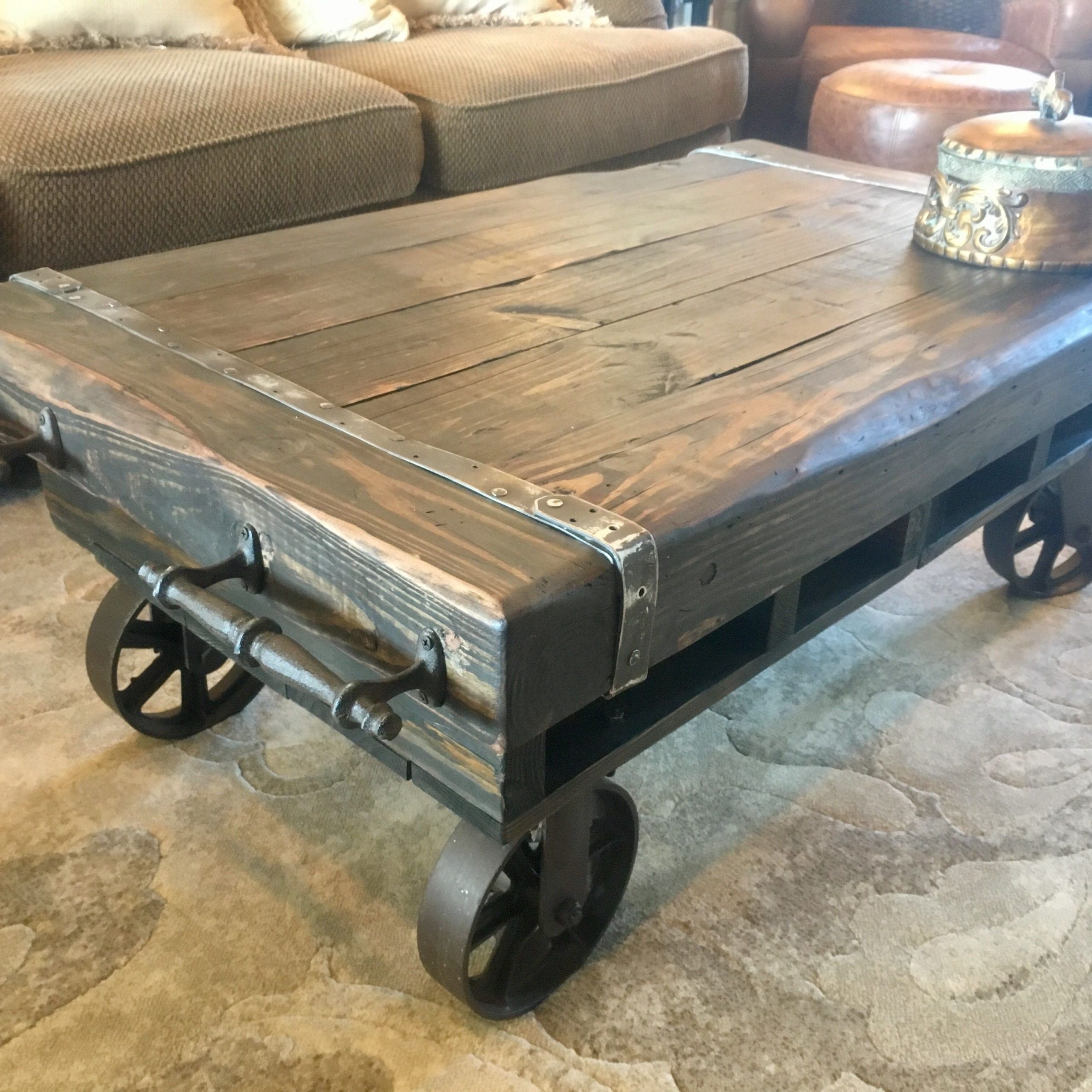 Rustic Factory Cart Coffee Table From Bacs Designs | Rustic Coffee Tables,  Industrial Style Coffee Table, Coffee Table For Coffee Tables With Casters (Photo 7 of 15)
