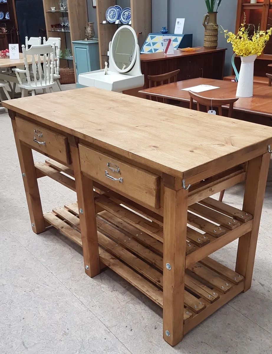 Rustic Freestanding 4 Drawer Butcher's Block Style Kitchen Island Prep Table  | Ebay With Freestanding Tables With Drawers (Photo 1 of 15)