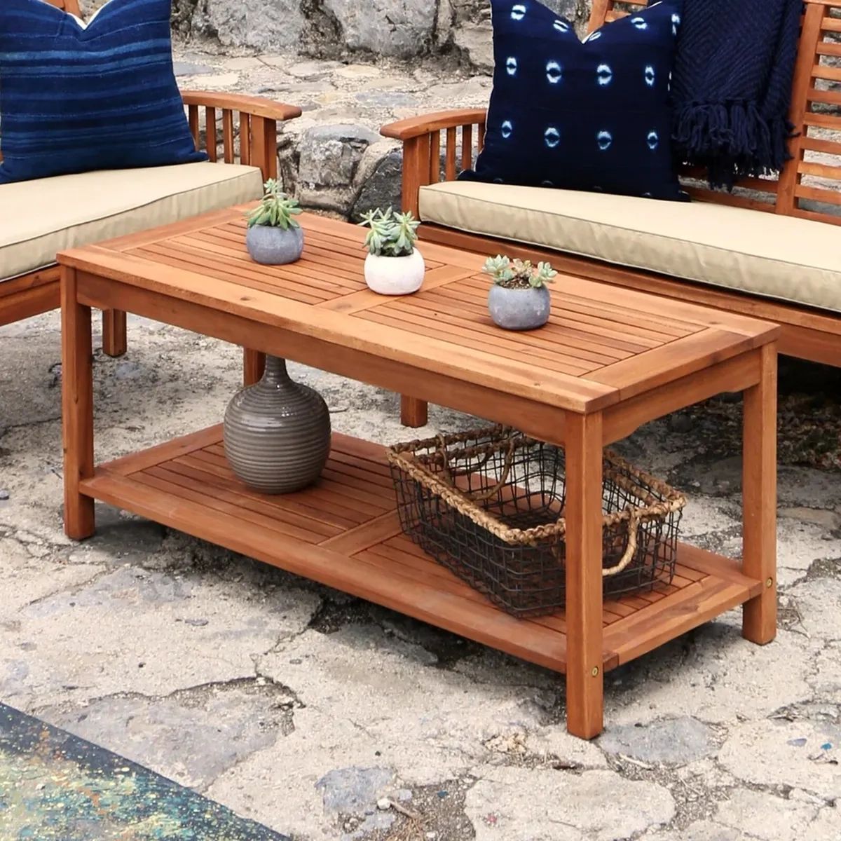 Rustic Solid Acacia Wood Outdoor Patio Garden Coffee Storage Cocktail Side  Table | Ebay Regarding Outdoor Coffee Tables With Storage (View 5 of 15)