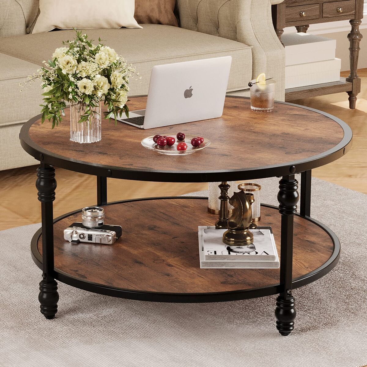 Rustic Wood Coffee Table Round Center Coffee Table W/ Storage Shelf Metal  Frame | Ebay Inside Metal 1 Shelf Coffee Tables (View 13 of 15)