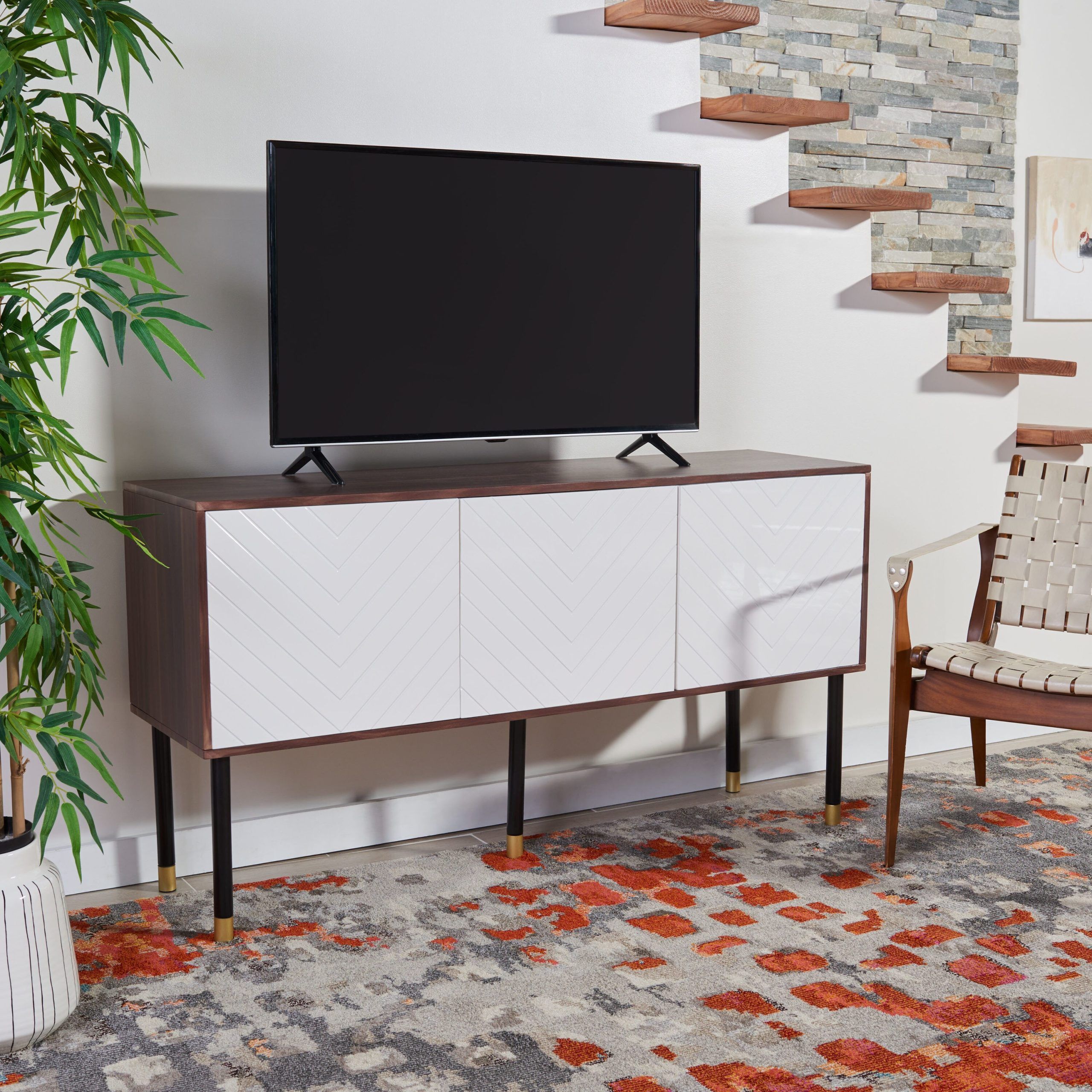 Safavieh Oakley Modern/contemporary Walnut Melamine/white Matte Pu/black  Tube/gold Tv Cabinet (accommodates Tvs Up To 55 In) At Lowes Throughout Oaklee Tv Stands (View 11 of 15)