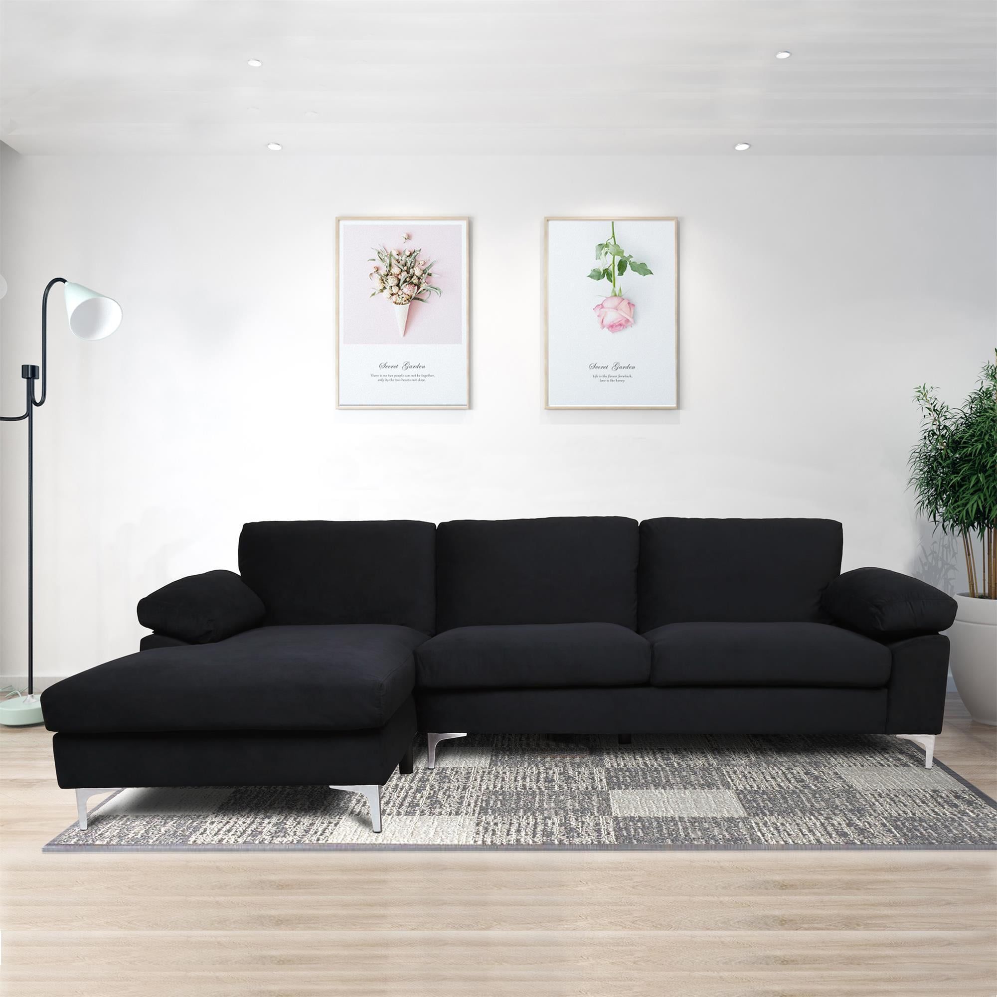Sectional Sofa, Aukfa Modern Velvet Corner Sofa With Left Hand Facing,  Upholstered L Shaped Sofa Couch, 3 Seat Sleeper Sofa For Living Room,  Apartment, Office – Black – Walmart With Regard To 3 Seat L Shaped Sofas In Black (Photo 5 of 15)