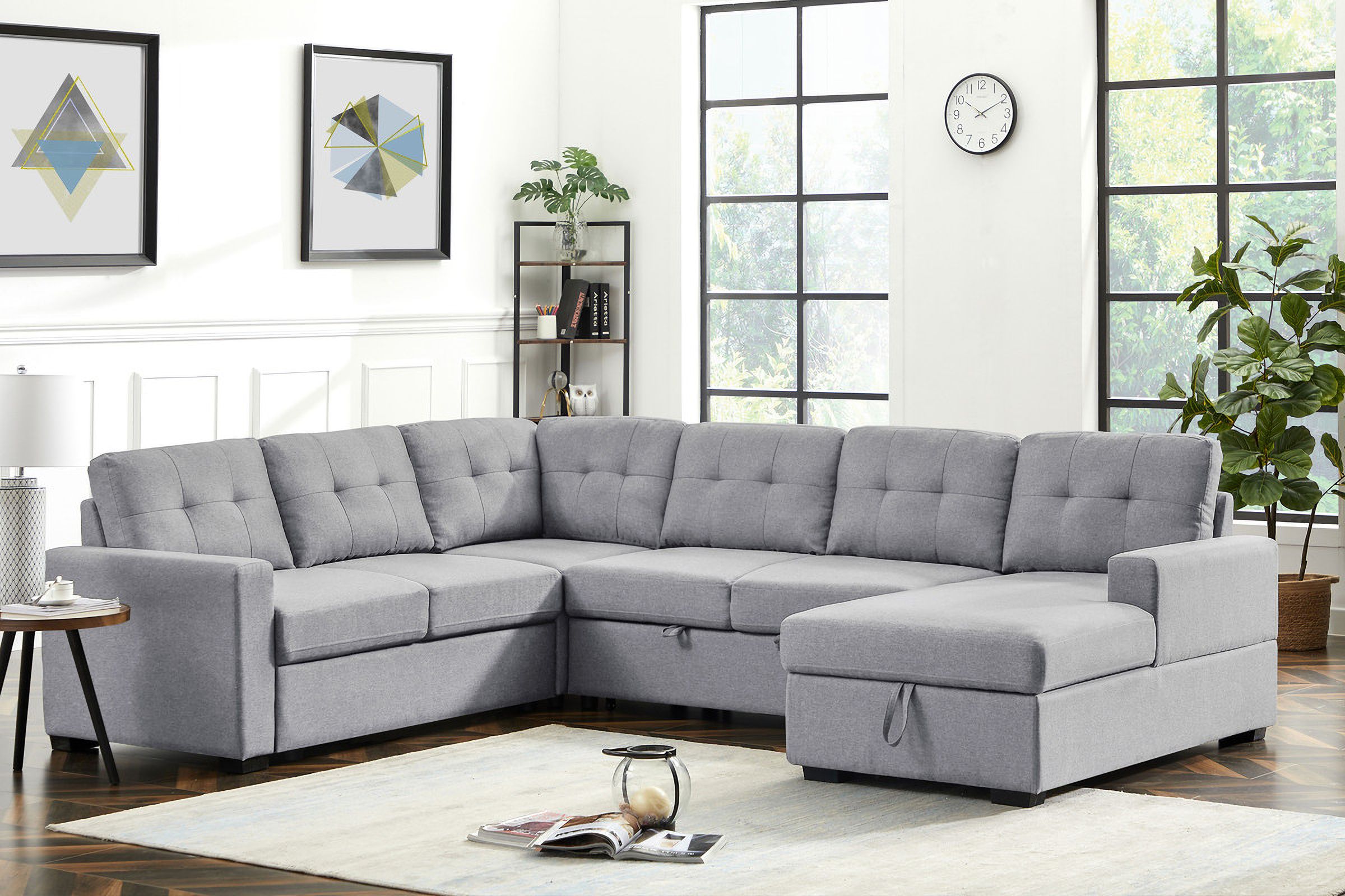 Selene Light Gray Linen Fabric Sleeper Sectional Sofa With Storage Chaise Lilola Home | 1stopbedrooms With Light Charcoal Linen Sofas (Photo 10 of 15)