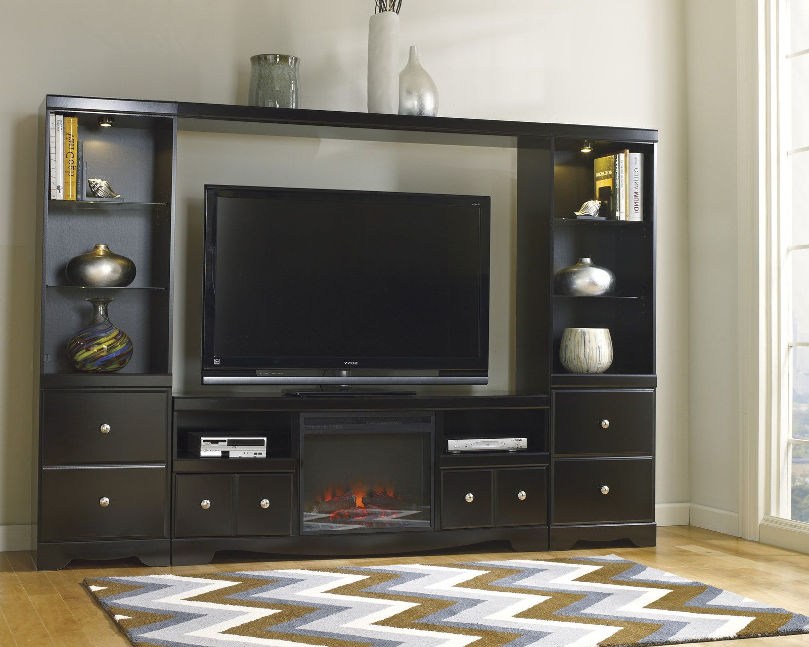 Shay Large Entertainment Unit With Tv Stand W/ Fireplace Insert, Bridge &  Two Side Piers In Black In Entertainment Units With Bridge (Photo 15 of 15)