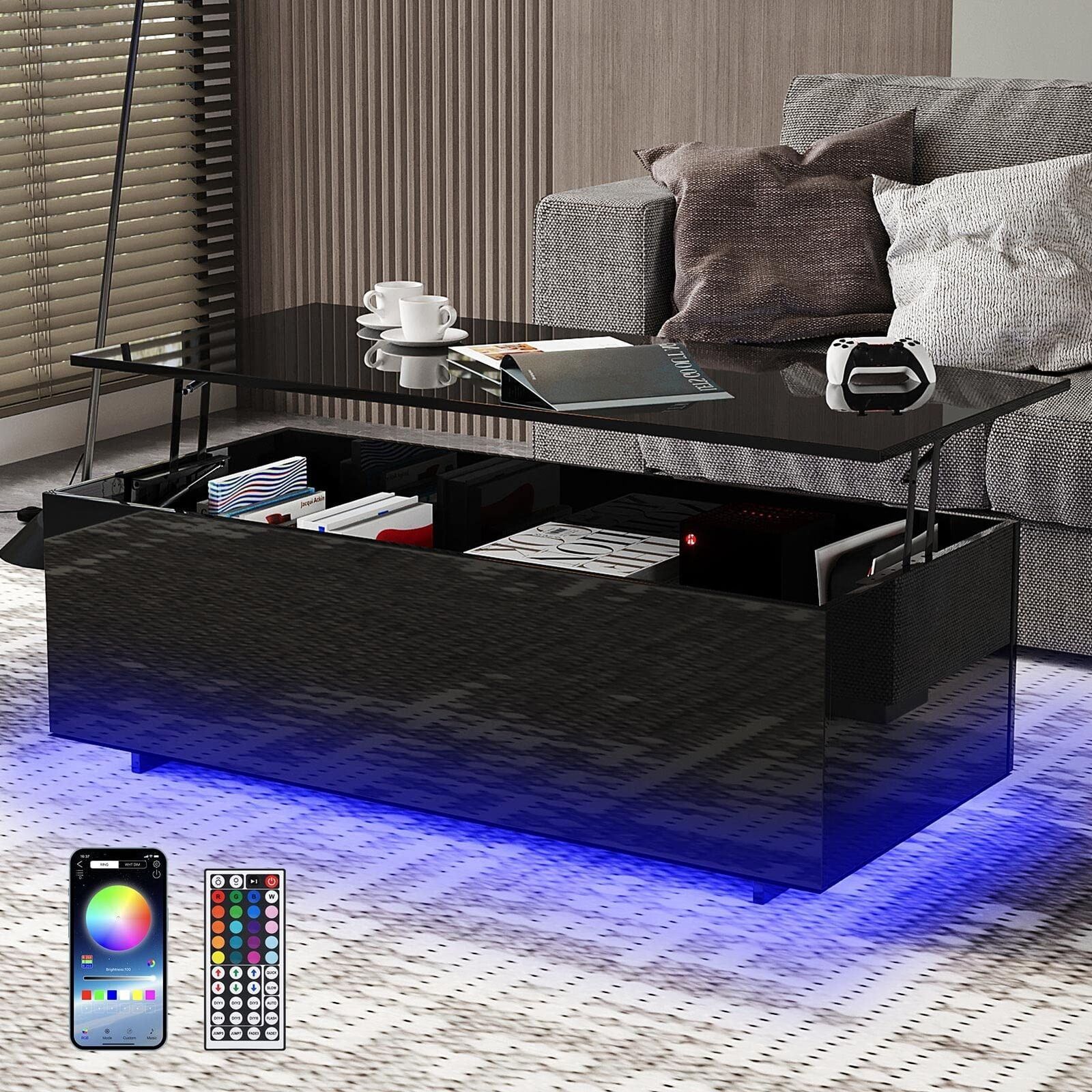Shiyao 47inch Modern Led Coffee Tables Lift Top With Storage And Hidden  Compartment, High Glossy Coffee Tables With 20 Colors Led Light –  Walmart With Regard To High Gloss Lift Top Coffee Tables (View 14 of 15)