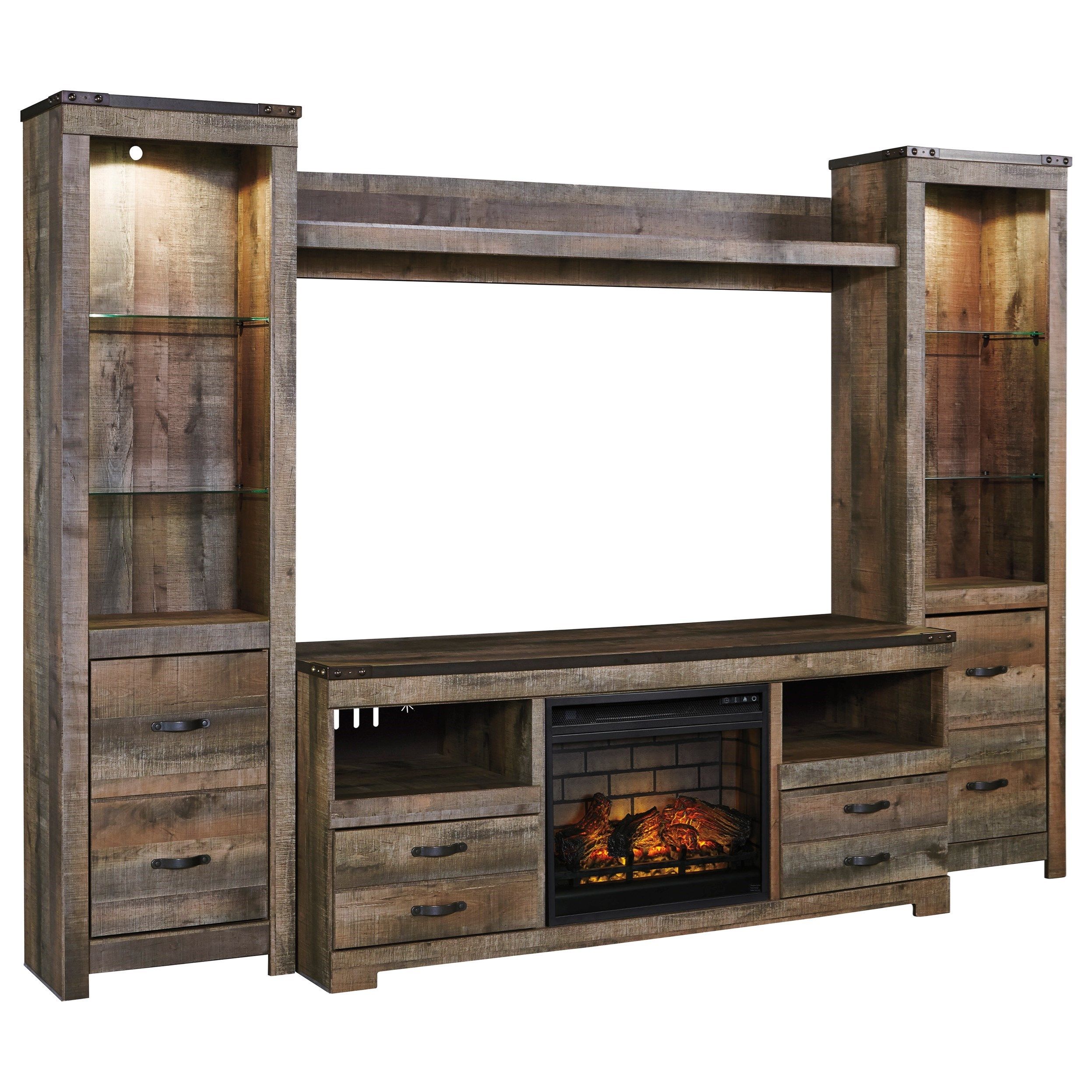 Signature Designashley Trinell W446w8 Rustic Large Tv Stand W/  Fireplace Insert, 2 Tall Piers, & Bridge | Factory Direct Furniture | Wall  Units With Entertainment Units With Bridge (Photo 2 of 15)