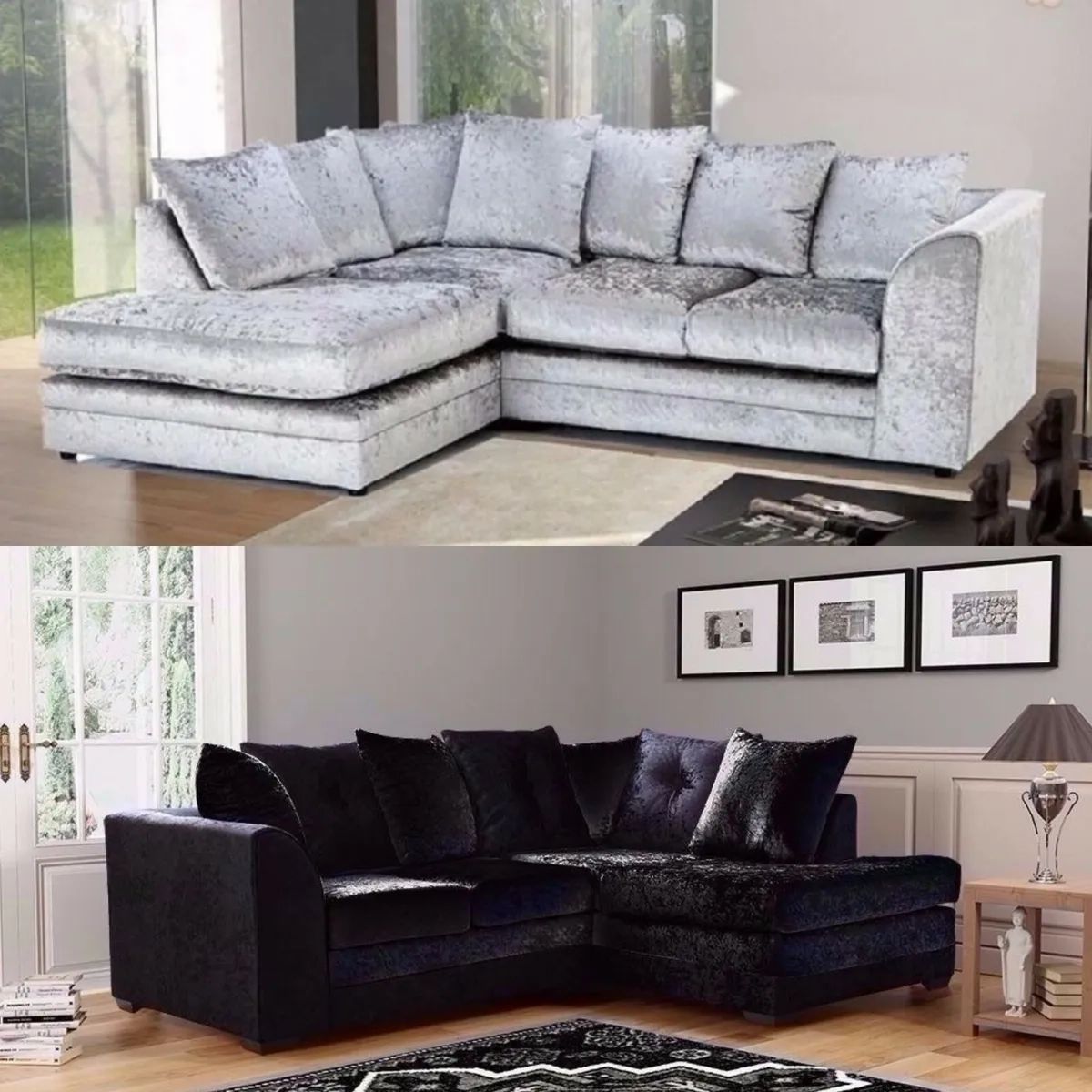 Silver Corner Sofa Crystal Black Crushed Velvet Fabric 3 Seater 2 Seater  Suite | Ebay In Black Velvet 2 Seater Sofa Beds (View 10 of 15)