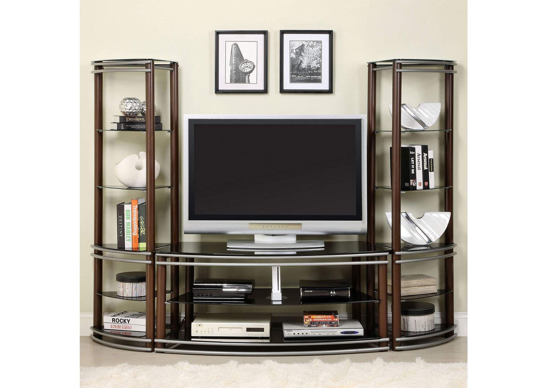 Silver Creek Brown & Silver Tv Console W/2 Pier Shelves Downtown Furniture  Co. Inside Tv Stands With 2 Doors And 2 Open Shelves (Photo 13 of 15)