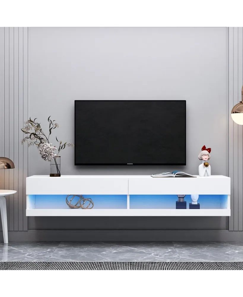 Simplie Fun 180 Wall Mounted Floating 80" Tv Stand With 20 Color Led White  | Hawthorn Mall Throughout Wall Mounted Floating Tv Stands (View 11 of 15)