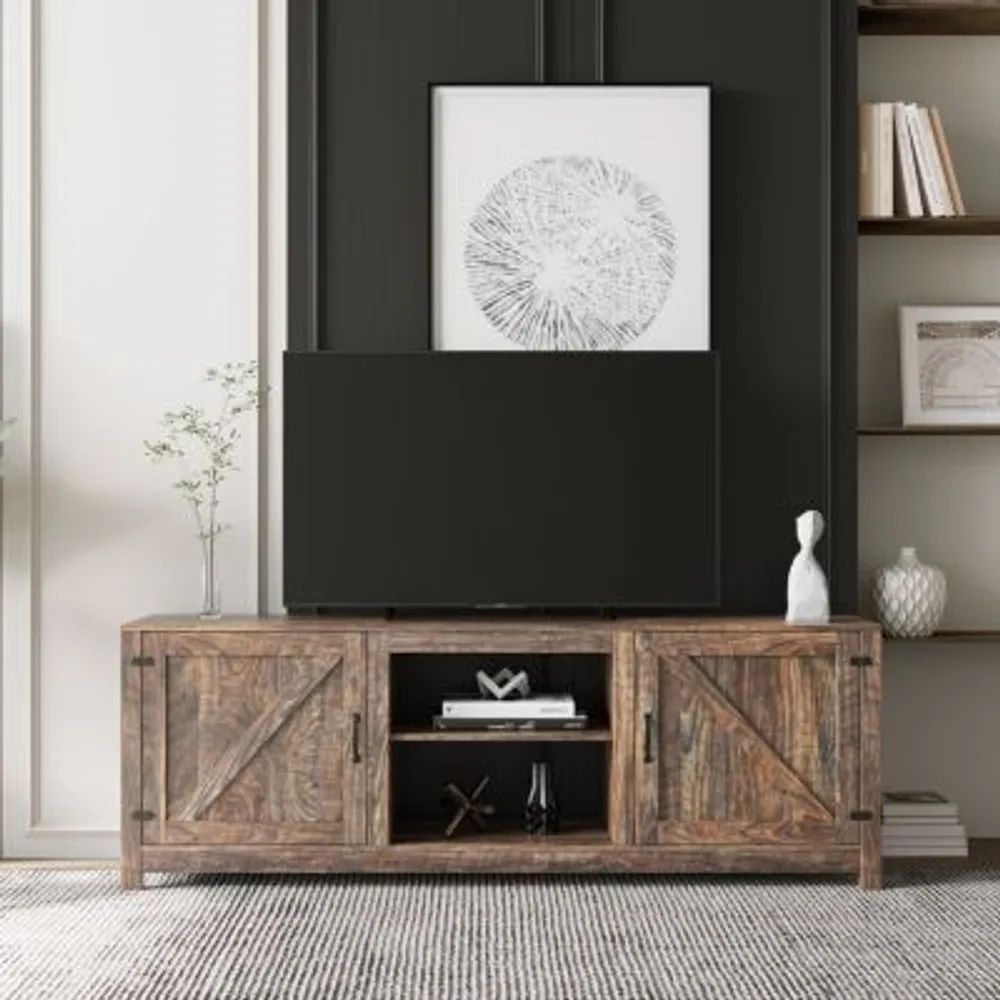 Simplie Fun Farmhouse Tv Stand, Wood Entertainment Center Media Console  With Storage | Hawthorn Mall Pertaining To Farmhouse Stands With Shelves (View 3 of 15)