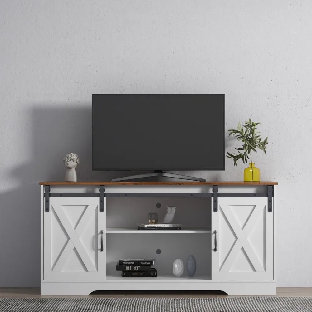 Simplie Fun Tv Stand Sliding Barn Door Modern Farmhouse Wood Entertainment  Center, Storage Cabinet Table Living Room With Adjustable Shelves For Tvs U  | Hawthorn Mall Inside Farmhouse Stands With Shelves (View 15 of 15)