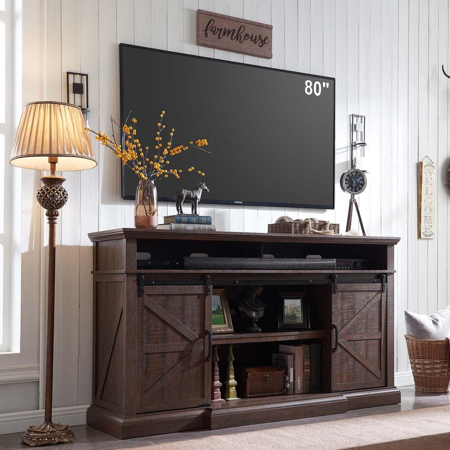 Sincido Farmhouse Tv Stand For 80 Inch Tvs, 39" Tall Entertainment Center  W/double Sliding Barn Door, Large Media Console Cabinet W/soundbar &  Adjustable Shelves For Living Room, 70inch, Brown – Walmart With Regard To Farmhouse Tv Stands For 70 Inch Tv (View 2 of 15)