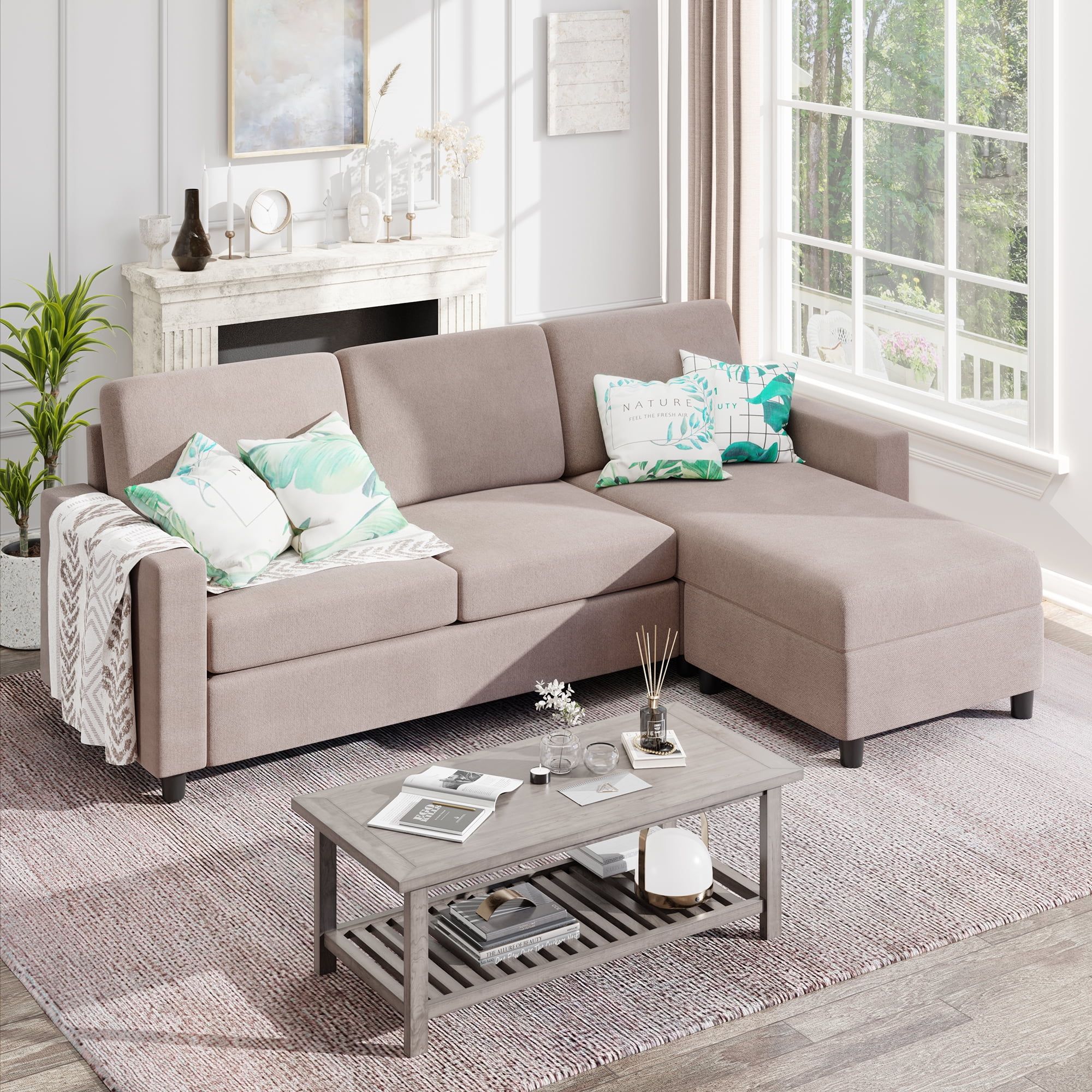 Sobaniilo Convertible Sectional Sofa Couch, Modern Linen Fabric L Shaped 3 Seat  Sofa Sectional With Reversible Chaise For Small Space, Tan – Walmart Inside 3 Seat Convertible Sectional Sofas (Photo 1 of 15)