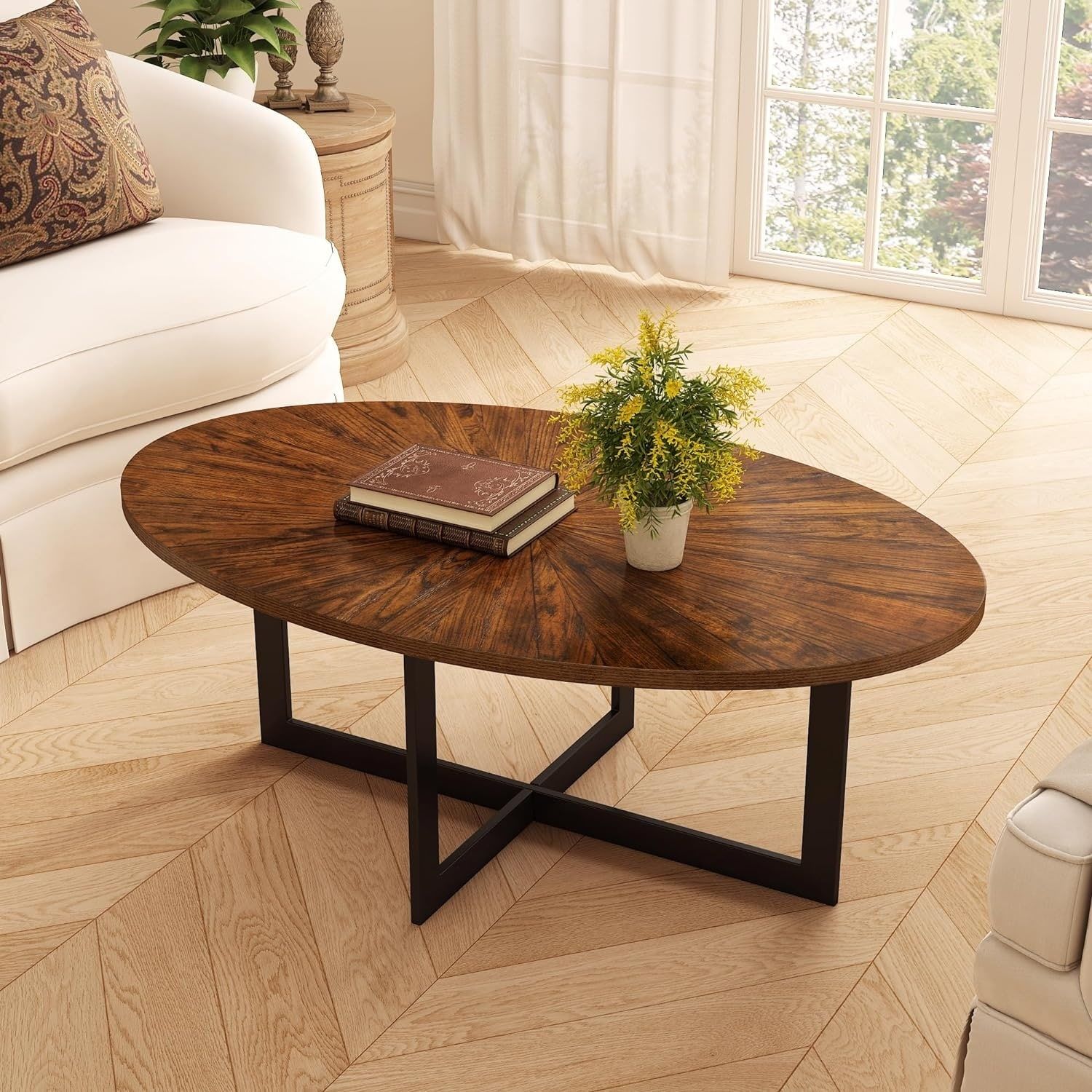 Solid Wood Contemporary Oval Coffee Table With Cross Metal Legs – On Sale –  Bed Bath & Beyond – 36581884 Pertaining To Coffee Tables With Solid Legs (Photo 14 of 15)