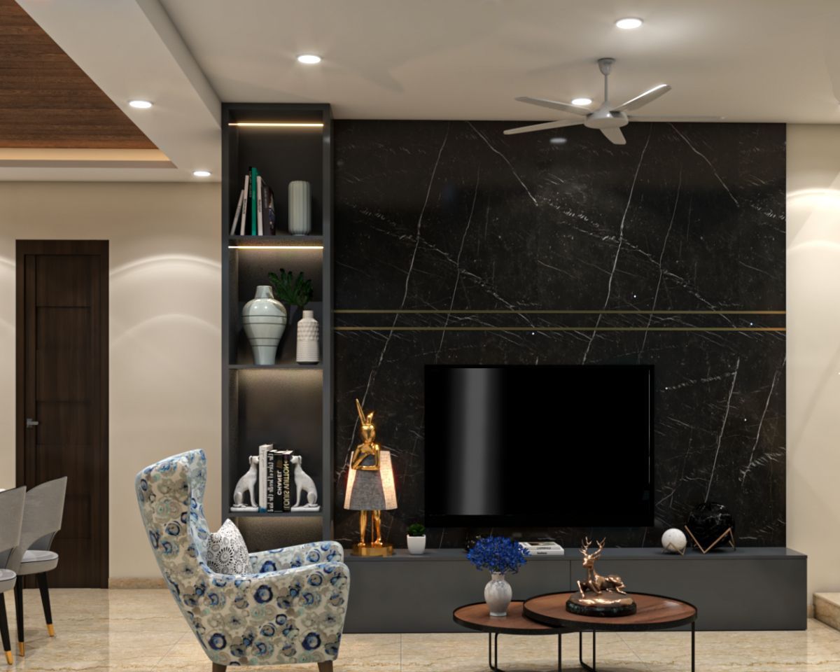 Spacious Tv Unit Design With Black Marble Wall Panel | Livspace In Black Marble Tv Stands (View 7 of 15)
