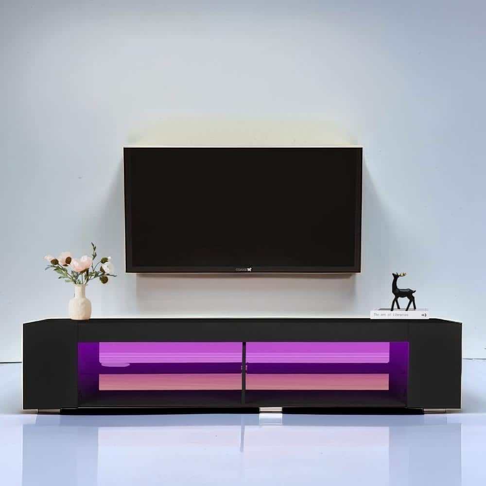 Spaco Black Particle Board Tv Stand With Led Lights Storage And Glass  Shelves (70.87 In. W X 15.74 In. D X 14.85 In. H) Zz1625yc08 – The Home  Depot Regarding Tv Stands With Lights (Photo 15 of 15)