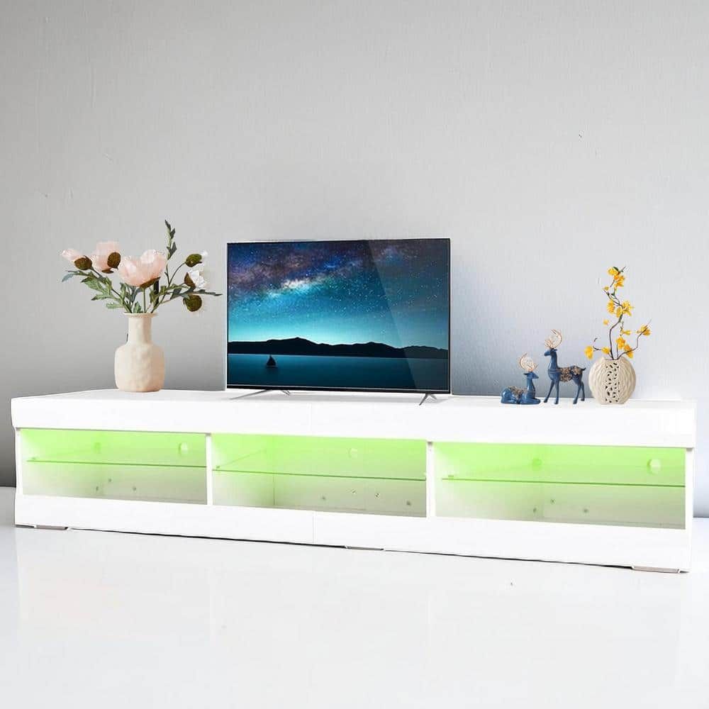 Spaco Modern White Particle Board Tv Stand With Led Lights Storage And  Glass Shelves (70.87 In. W X 15.75 In. D X 14.85 In (View 9 of 15)
