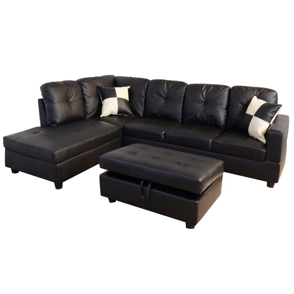 Star Home Living Black Faux Leather 3 Seater Left Facing Chaise Sectional  Sofa With Storage Ottoman Sh091a – The Home Depot With Regard To Faux Leather Sectional Sofa Sets (Photo 11 of 15)