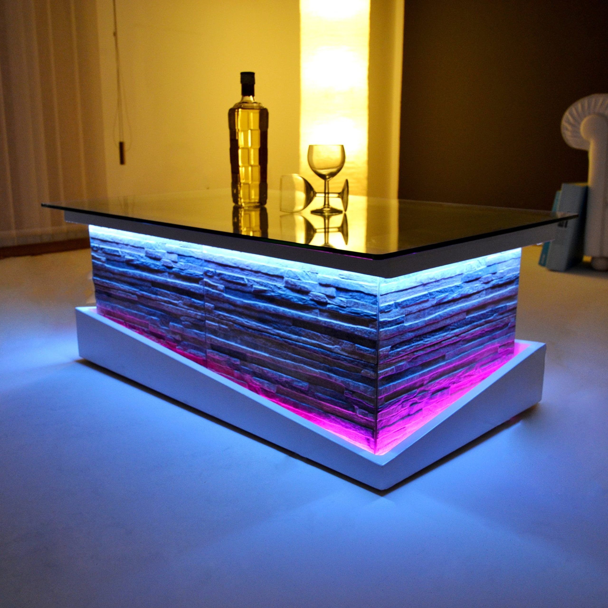 Stone Model Coffee Table With Led Lights Glass Top – Etsy Finland For Coffee Tables With Led Lights (Photo 2 of 15)