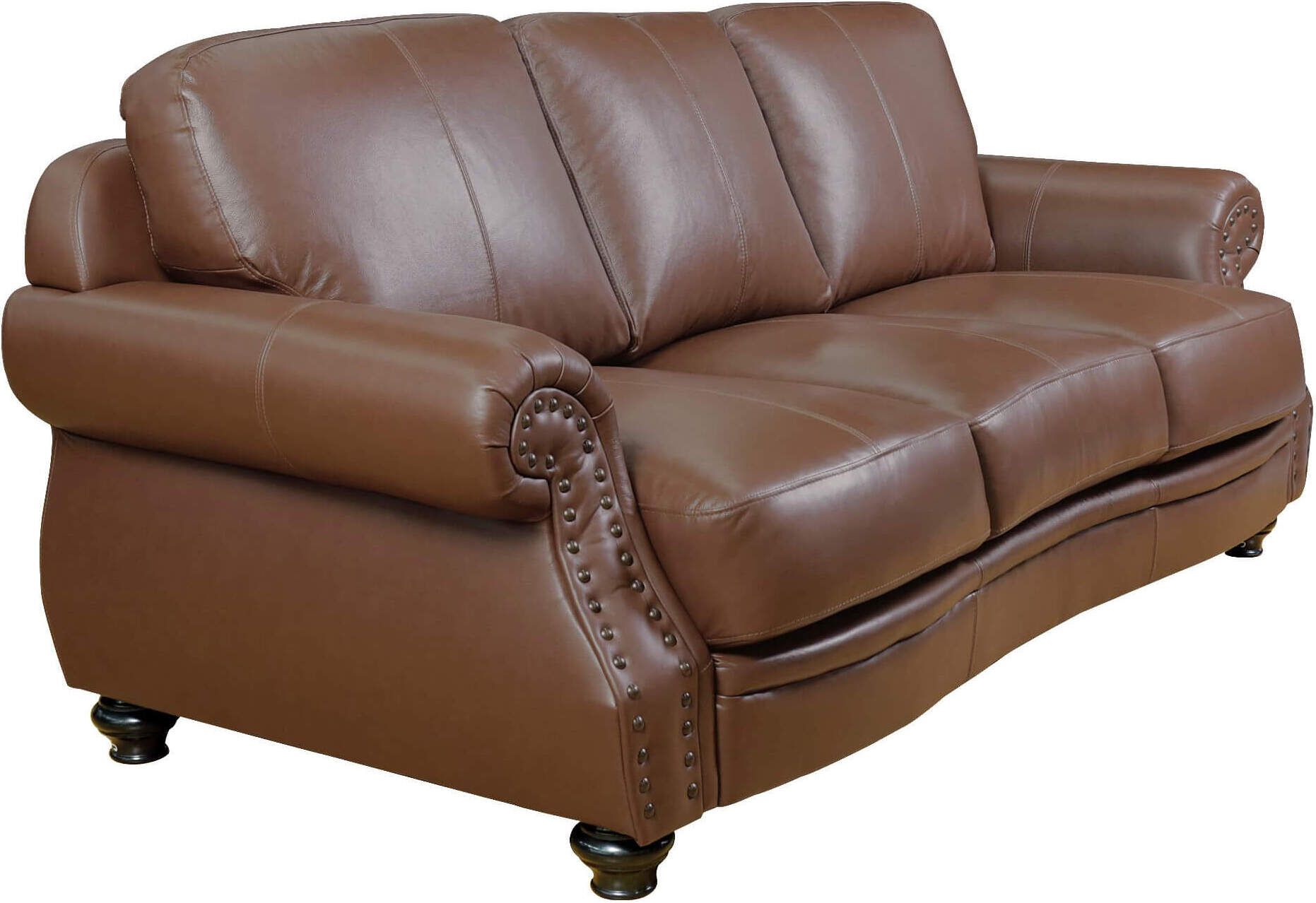 Sunset Trading Charleston 86 Inch Wide Top Grain Leather Sofa Chestnut  Brown 3 Seater Rolled Arm Couch With Nailheads | 1stopbedrooms For Top Grain Leather Loveseats (View 10 of 15)