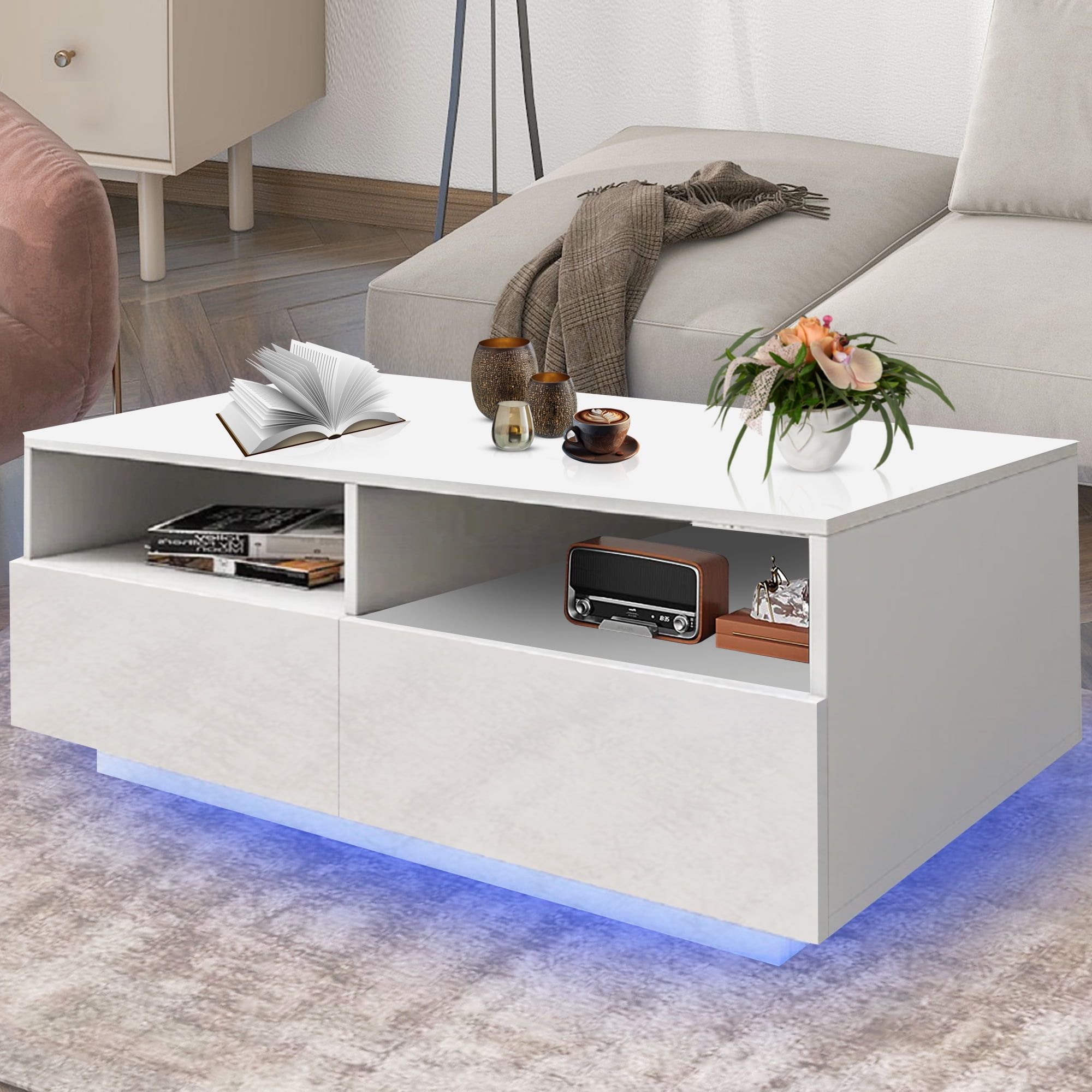 Syngar Led Coffee Table With 4 Storage Sliding Drawers And Open Shelves,  Modern High Glossy Center Table Rectangular With Multiple Colors Led Lights  For Living Room Bedroom, Easy Assembly, White – Walmart Inside Rectangular Led Coffee Tables (Photo 5 of 15)