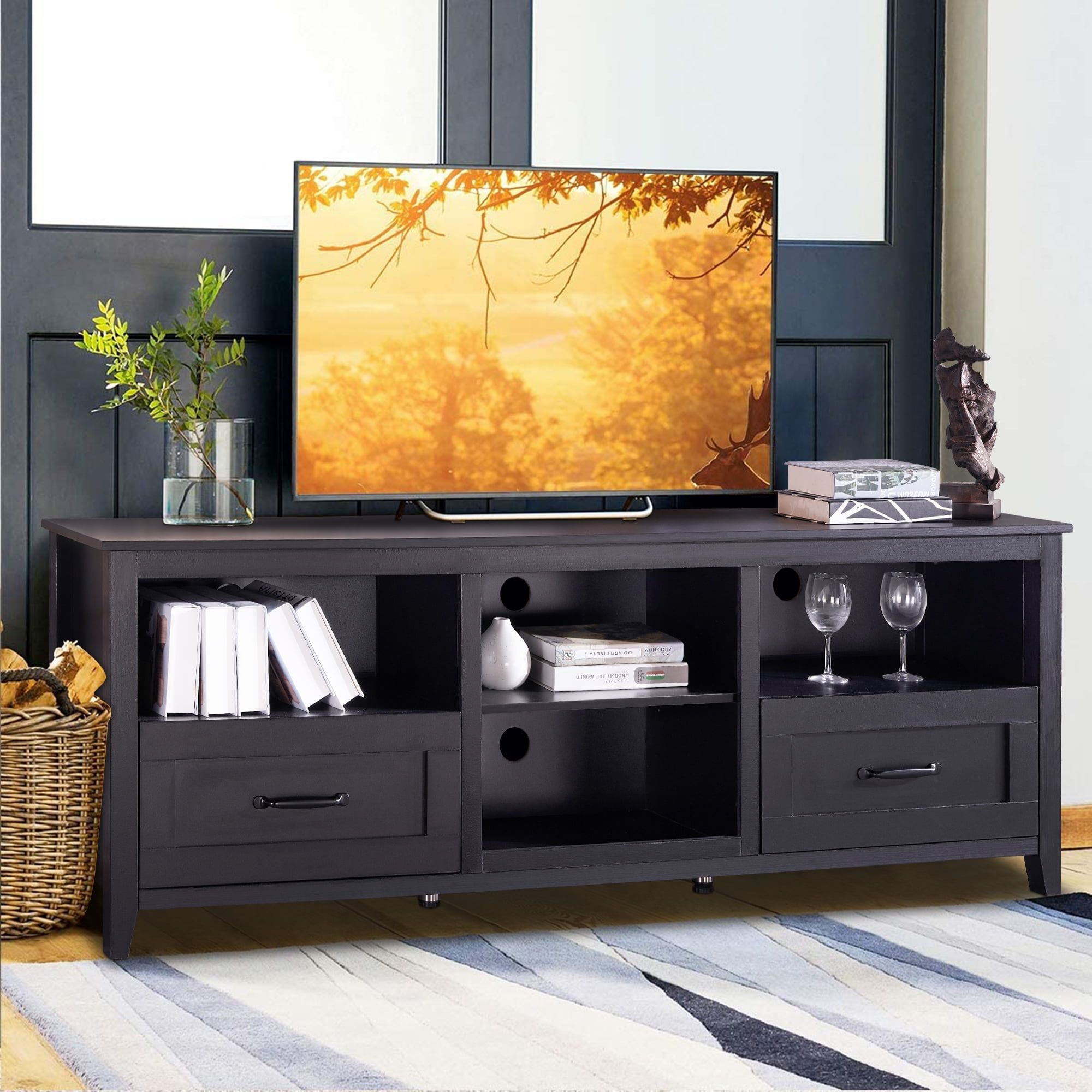 Syngar Traditional Black Tv Stand For 70 Inch Tv, Farmhouse Television  Table Stands Wooden Tv Cabinet Console Table, Buffet Cabinet With Storage  Drawers, Living Room Entertainment Center – Walmart Pertaining To Farmhouse Tv Stands For 70 Inch Tv (View 6 of 15)