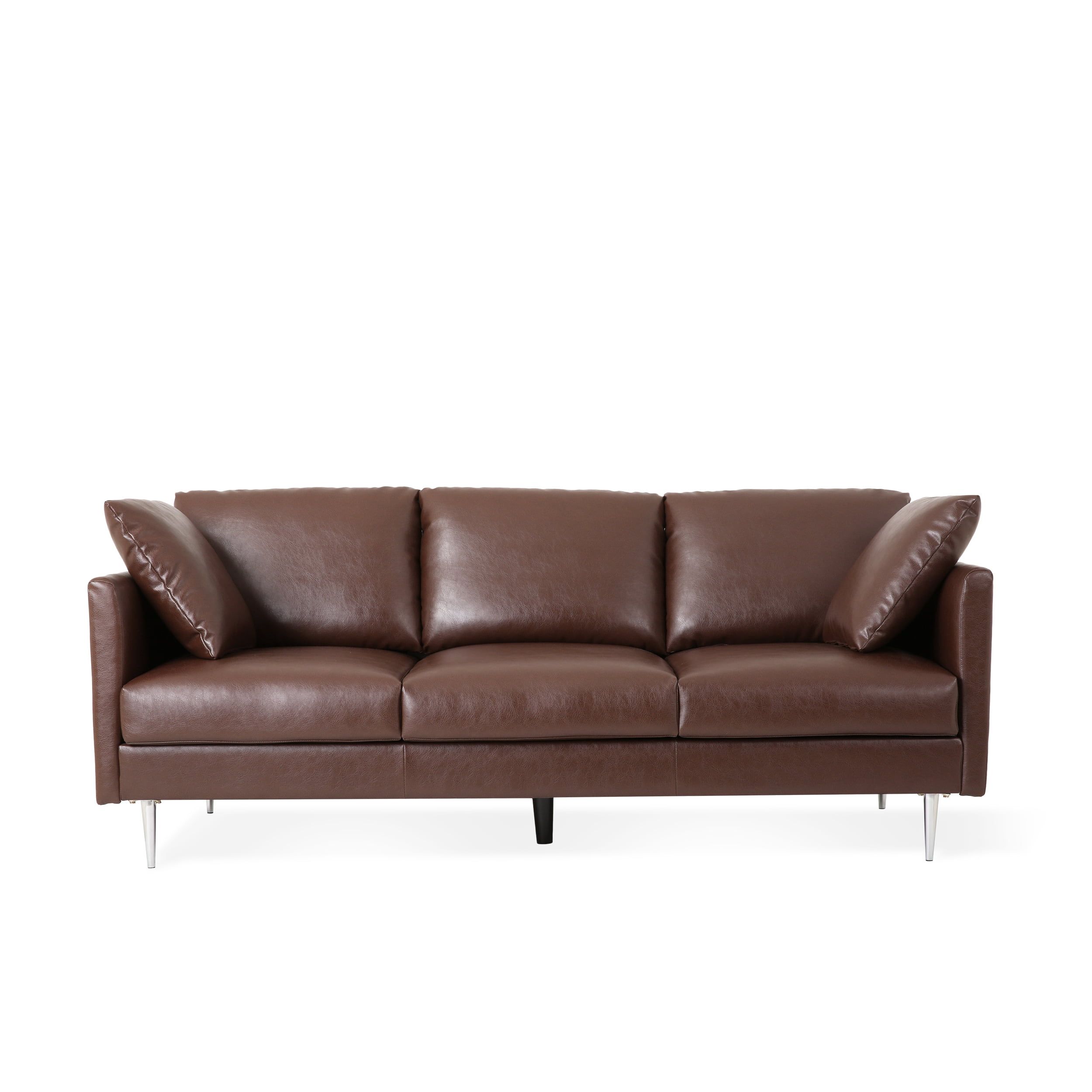 Syosset Modern Faux Leather 3 Seater Sofa With Pillows, Dark Brown And  Silver – Walmart With Regard To Faux Leather Sofas In Dark Brown (View 3 of 15)