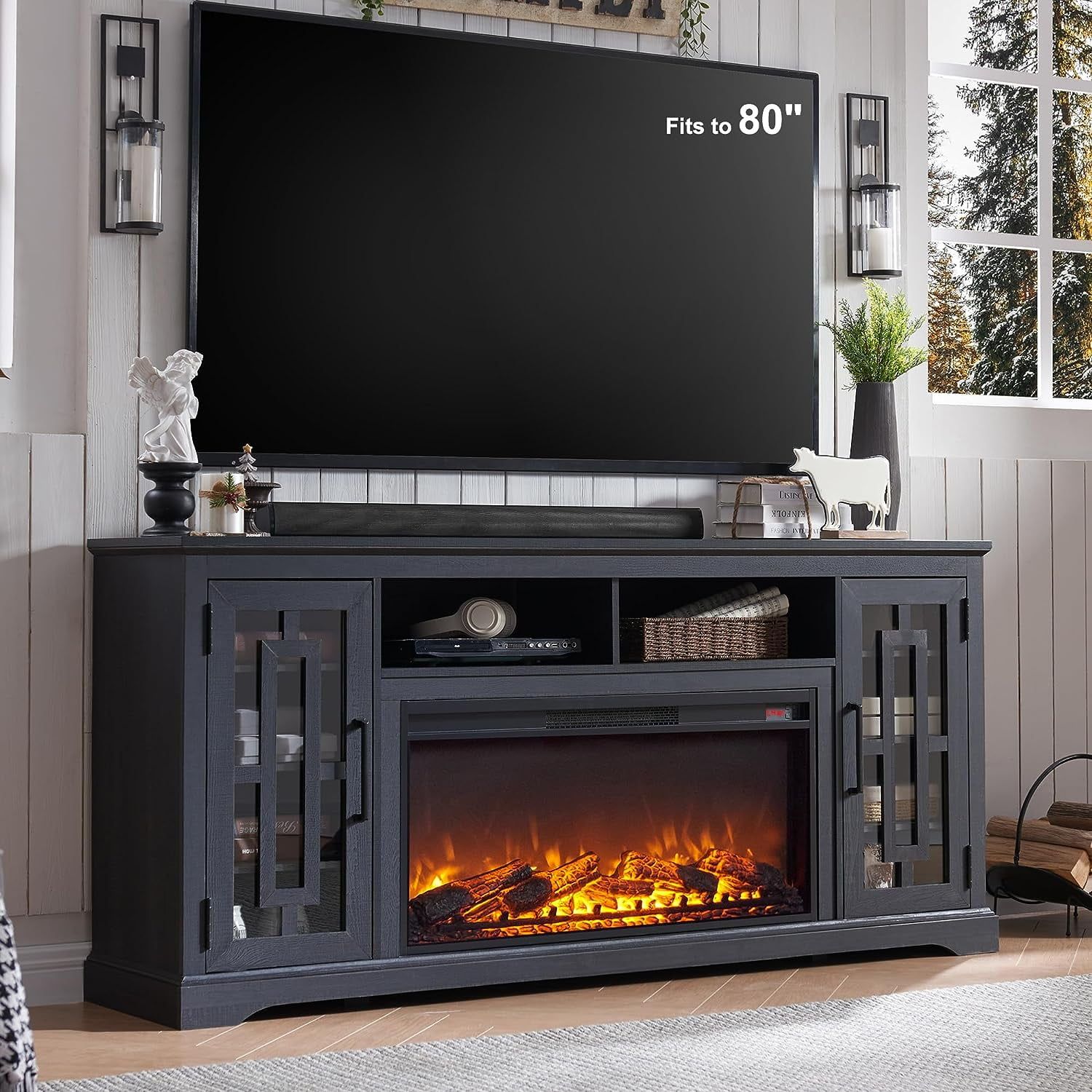 T4tream 70" Fireplace Tv Stand For 75 80 Inch Tv, Farmhouse Highboy  Entertainment Center For Living Room, Black – Walmart Throughout Wood Highboy Fireplace Tv Stands (View 3 of 15)