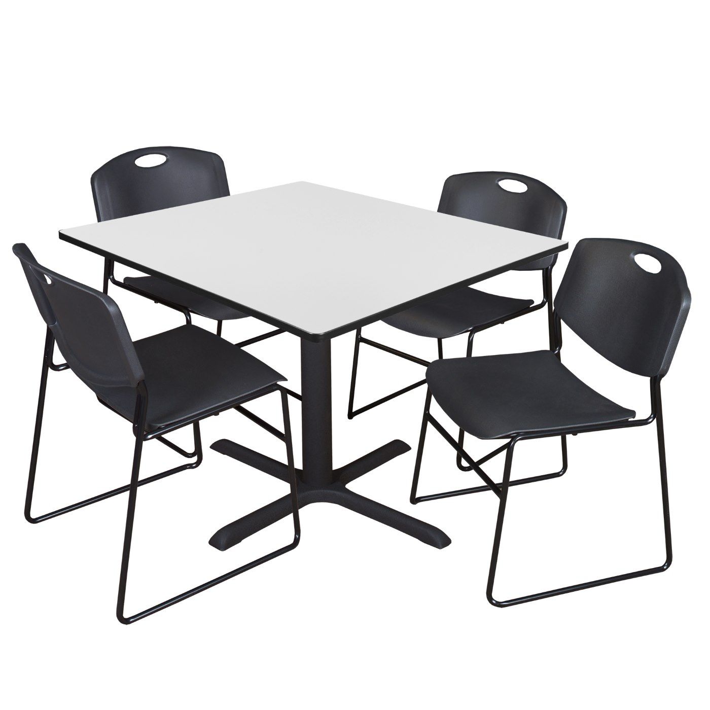 Tb4848wh44bk | Regency Cain 48 In. Square Breakroom Table  White & 4 Zeng  Stack Chairs  Black | Free Shipping! With Regard To Regency Cain Steel Coffee Tables (Photo 6 of 15)