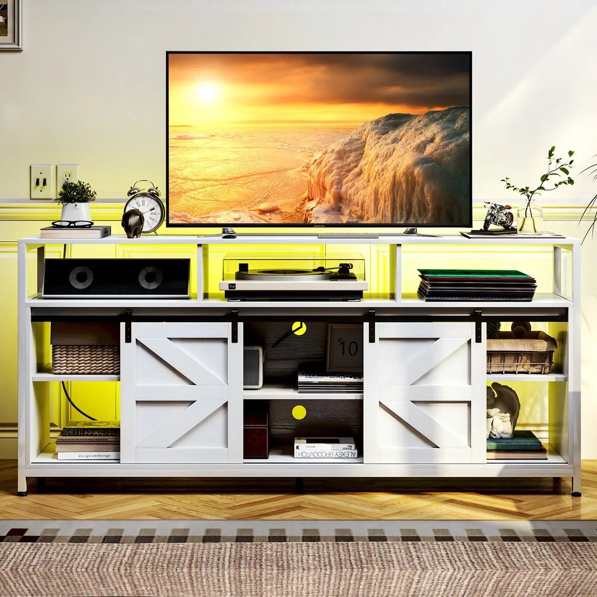 Tc Homeny Rgb Led Tv Stand With Power Station Entertainment Center Tv  Cabinet | Ebay Intended For Rgb Entertainment Centers Black (View 15 of 15)