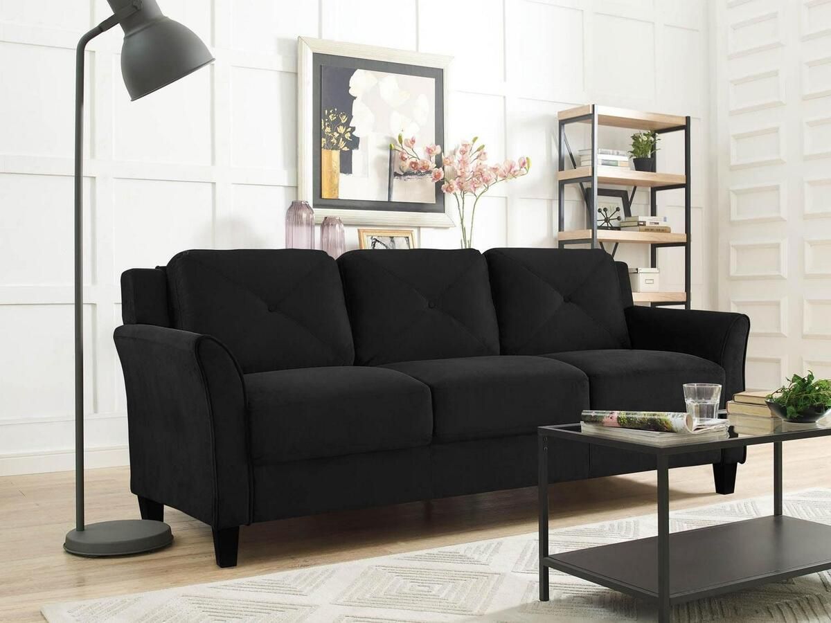 Traditional Sofa Curved Rolled Arms Comfortable Taryn Black Fabric | Ebay For Traditional Black Fabric Sofas (View 2 of 15)