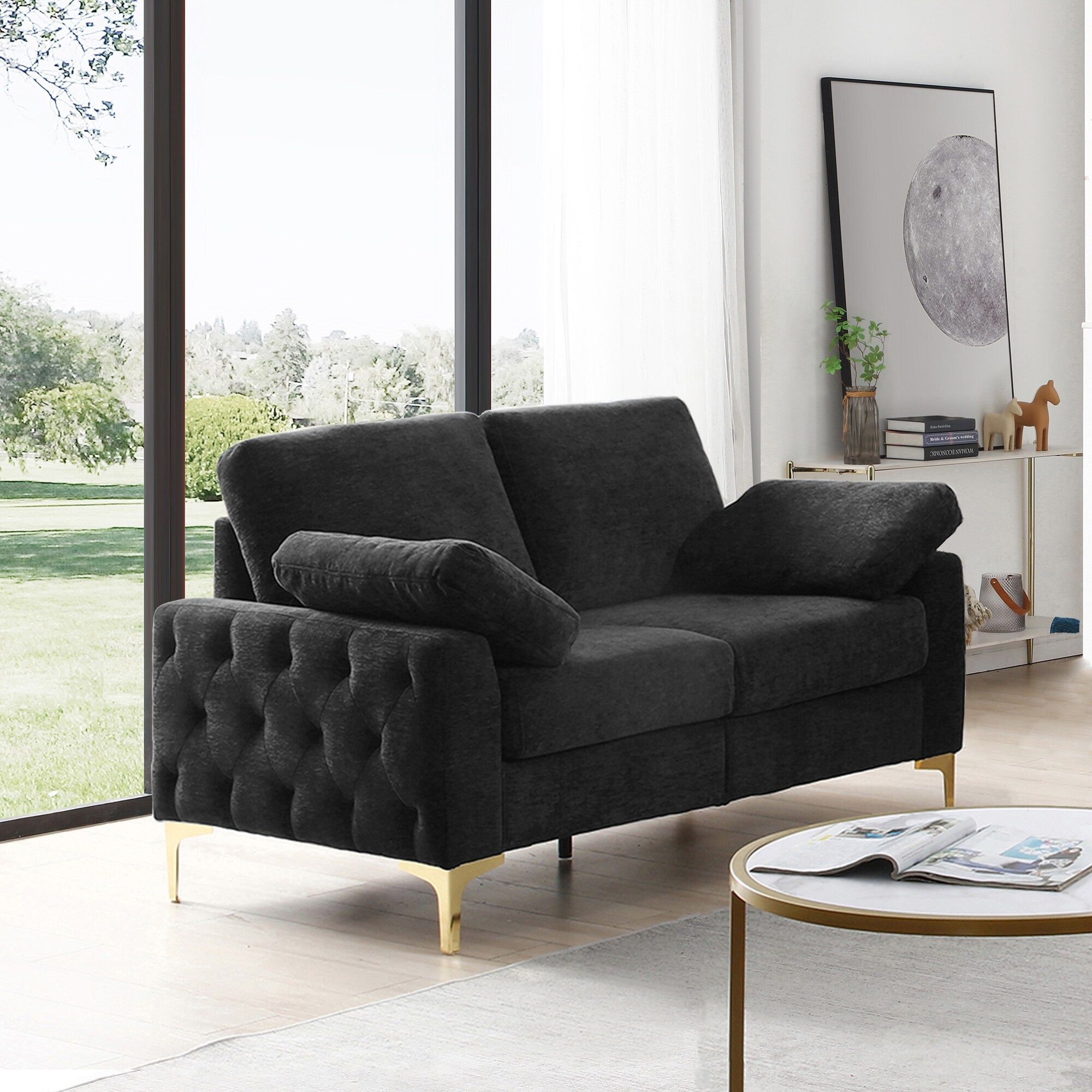 Tufted 2 Seater Couch Chenille Fabric Upholstered Loveseat Sofas Removable  Cushions Sofa With 2 Arm Pillows And Metal Legs – Bed Bath & Beyond –  38046946 Regarding 2 Seater Black Velvet Sofa Beds (View 3 of 15)