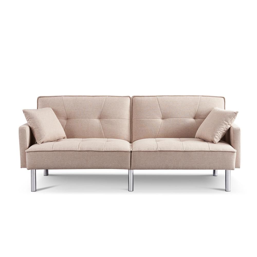 Tufted Futon Convertible Sofa Sleeper With Two Throw Pillows In Tufted Convertible Sleeper Sofas (Photo 13 of 15)