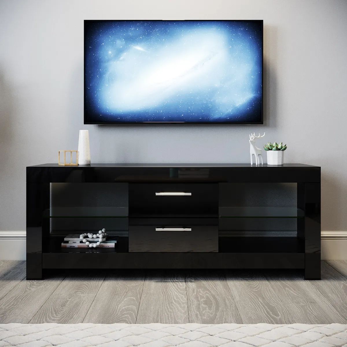 Tv Stand Cabinet 1200 1600mm Entertainment Modern Gloss Doors Led Rgb All  Black | Ebay Pertaining To Black Rgb Entertainment Centers (View 7 of 15)